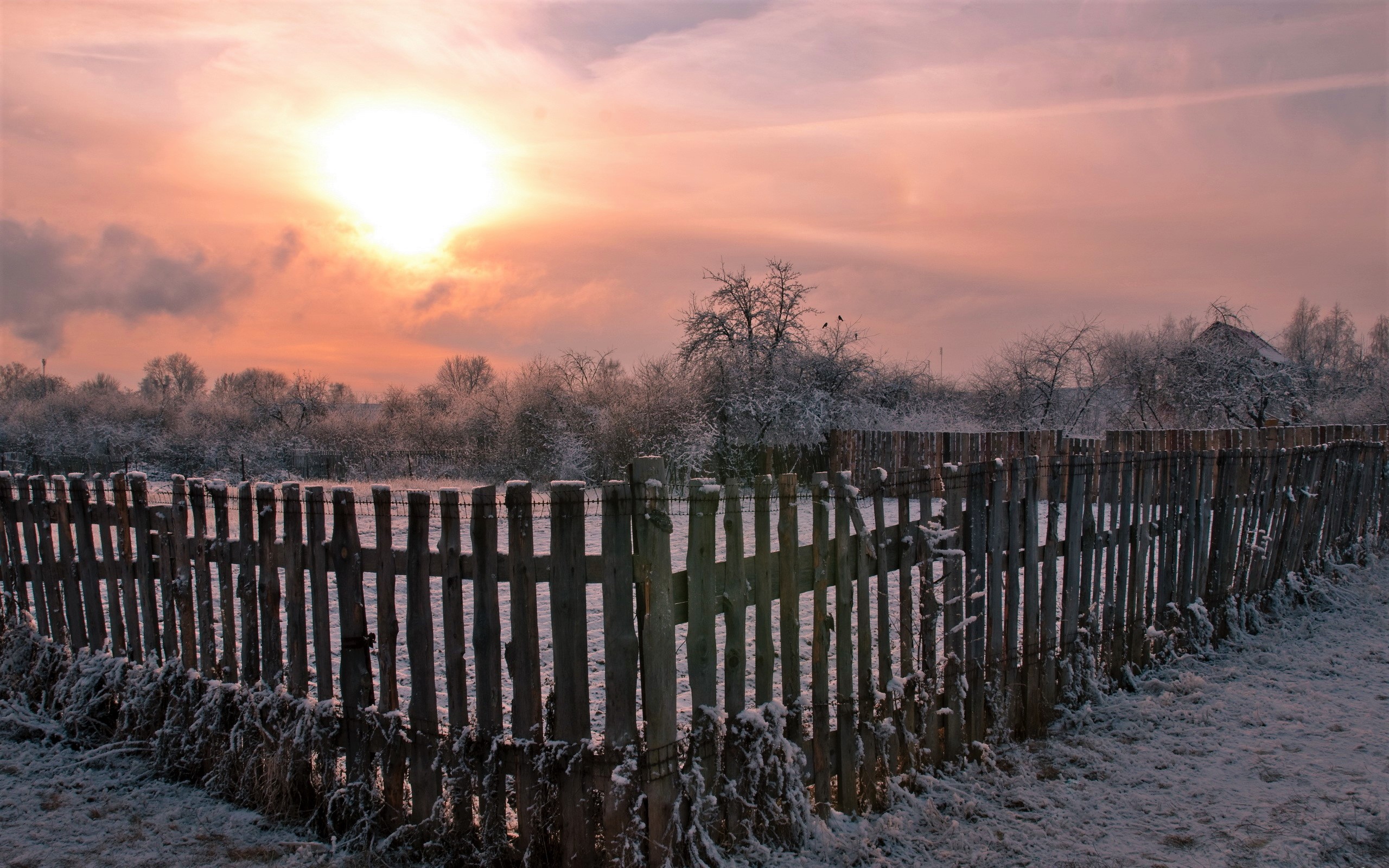 Free download wallpaper Winter, Sunset, Snow, Wooden, Field, Fence, Photography on your PC desktop