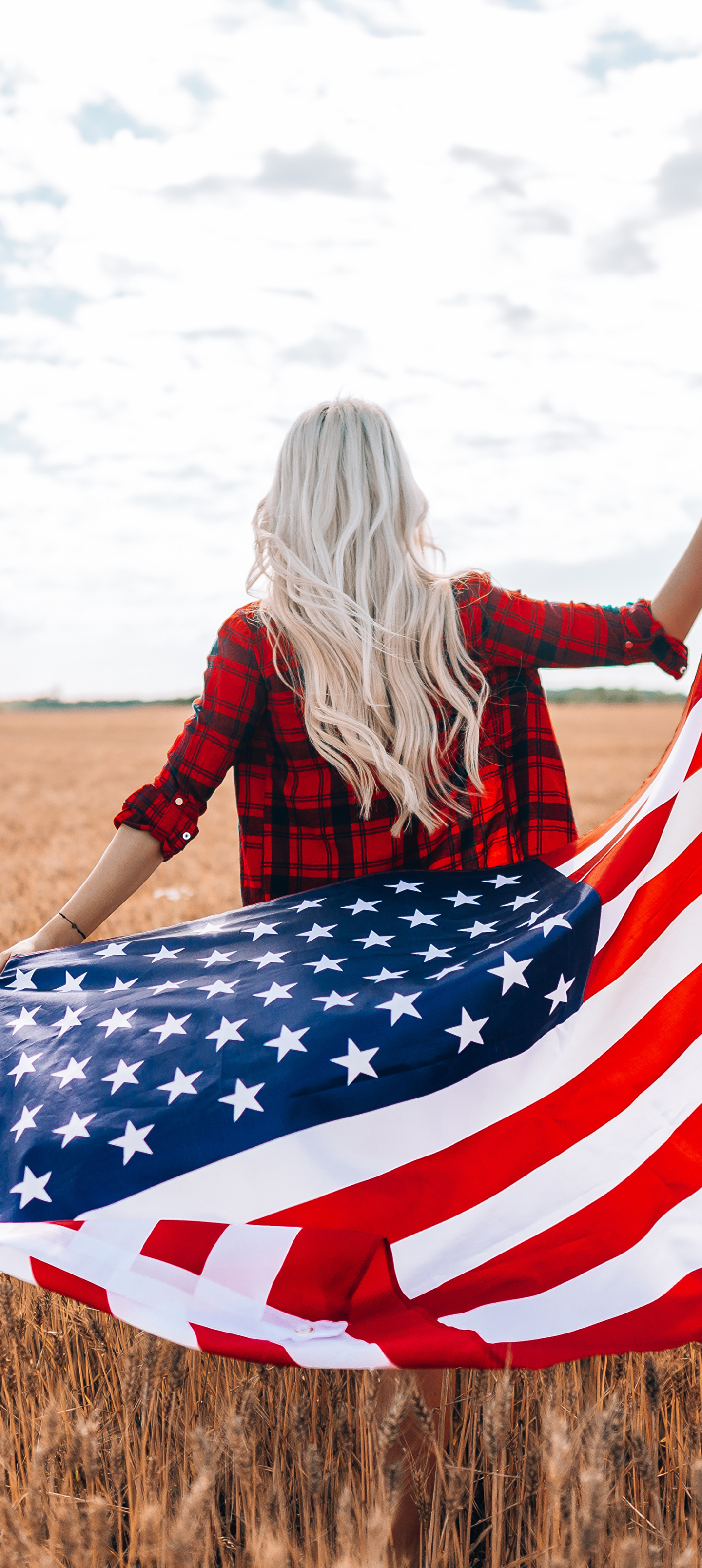 Handy-Wallpaper Hinten, Blond, Modell, Frauen, Blondinen, Amerikanische Flagge kostenlos herunterladen.