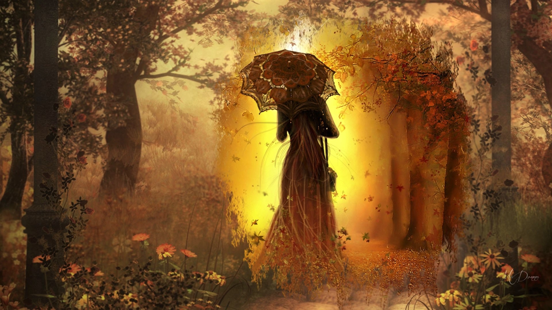 Download mobile wallpaper Fantasy, Gothic, Forest, Fall, Umbrella, Women for free.