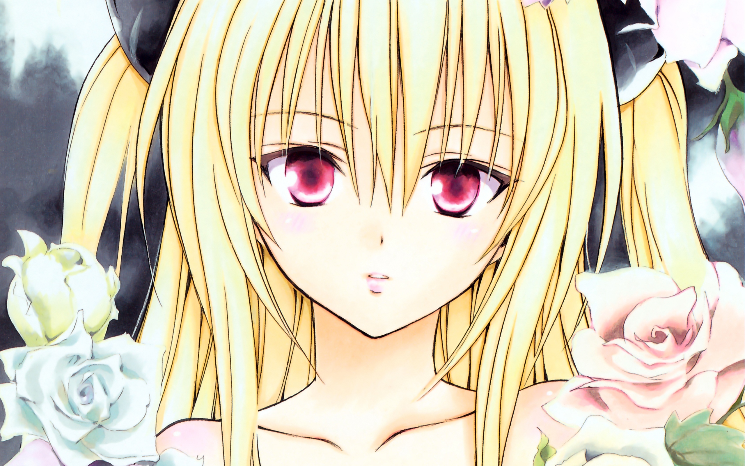 anime, to love ru, blonde, blush, flower, golden darkness, long hair, red eyes Aesthetic wallpaper