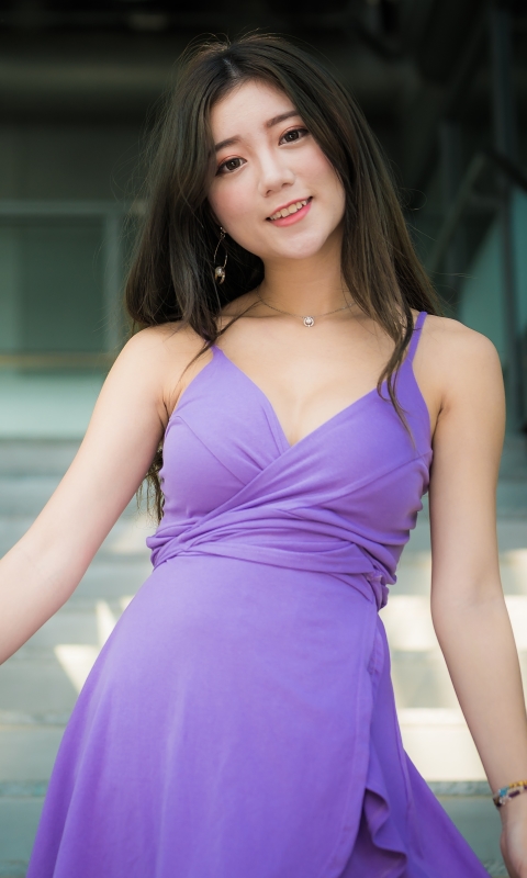 無料モバイル壁紙モデル, 女性, 黒髪, アジア人, 紫のドレスをダウンロードします。