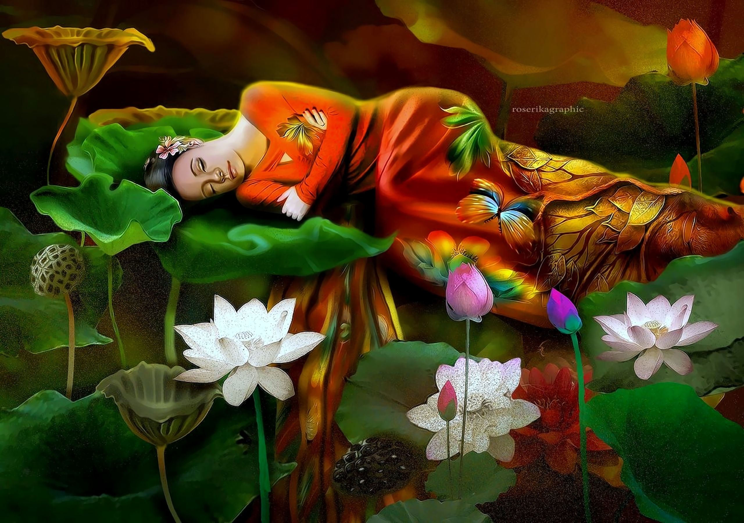 Download mobile wallpaper Fantasy, Lotus, Sleeping, Fairy, Lily Pad for free.