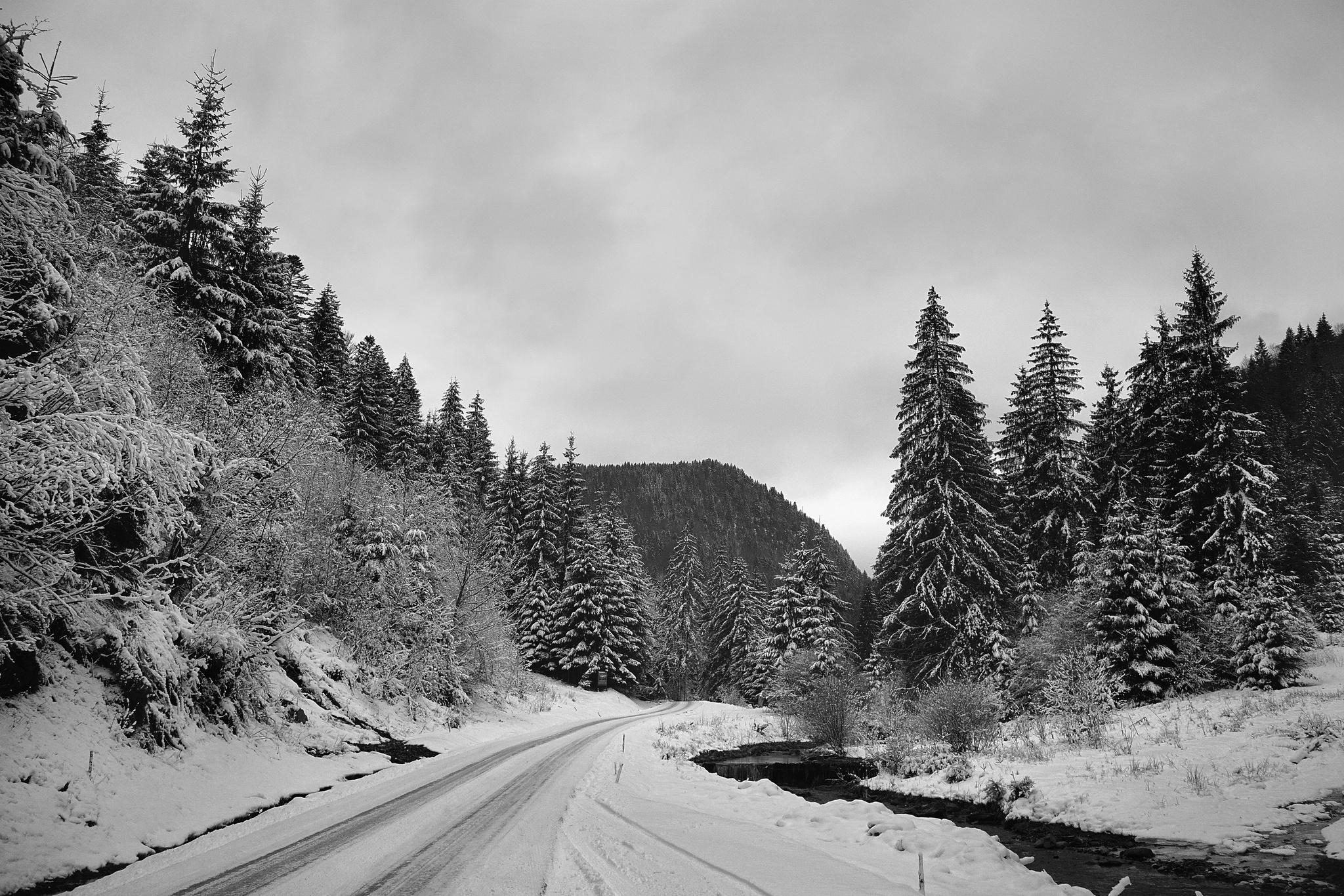 Download mobile wallpaper Winter, Nature, Snow, Road, Tree, River, Photography for free.