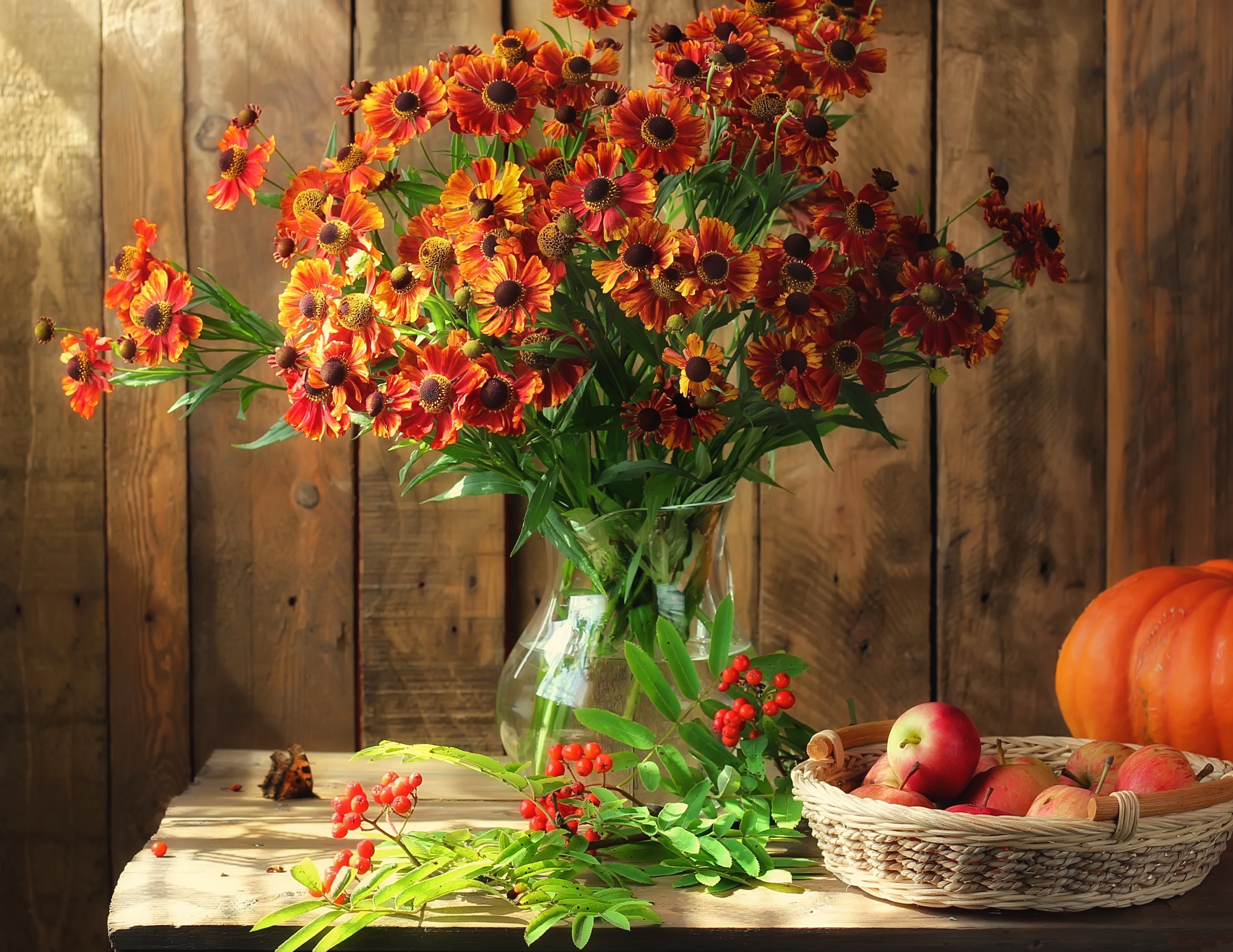 Download mobile wallpaper Apple, Pumpkin, Still Life, Flower, Berry, Vase, Basket, Photography, Orange Flower for free.