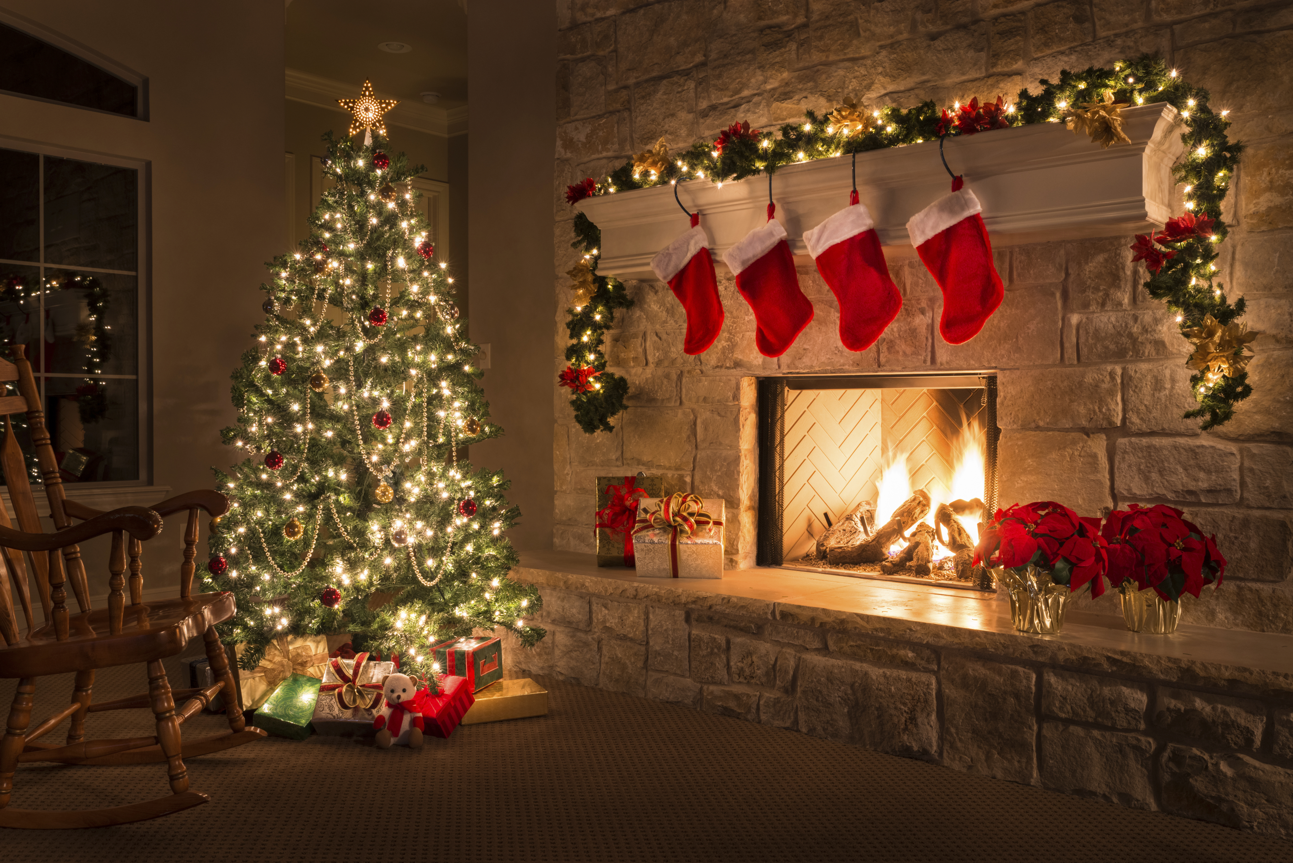 christmas, holiday, christmas lights, christmas ornaments, christmas tree, fireplace, gift