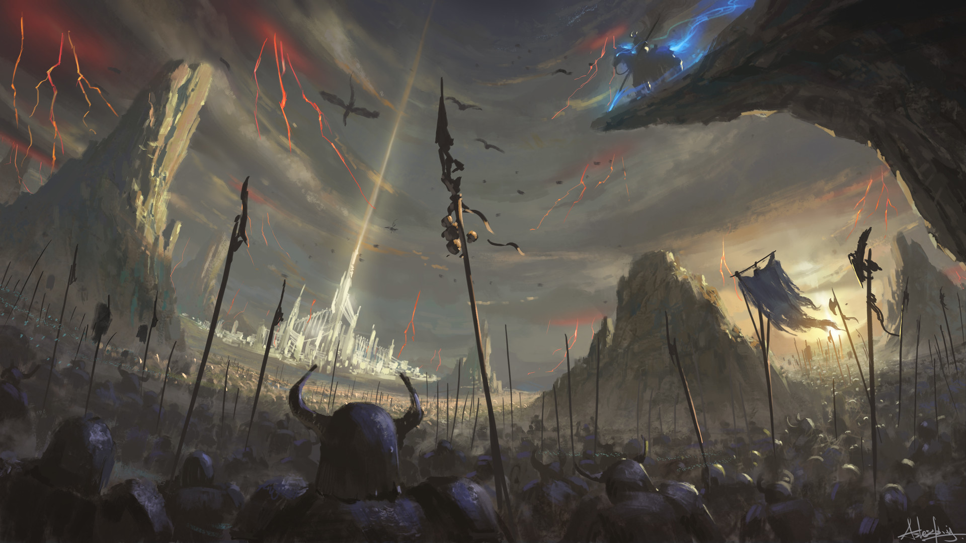 Download mobile wallpaper Landscape, Fantasy, City, Knight, Battle, Army for free.