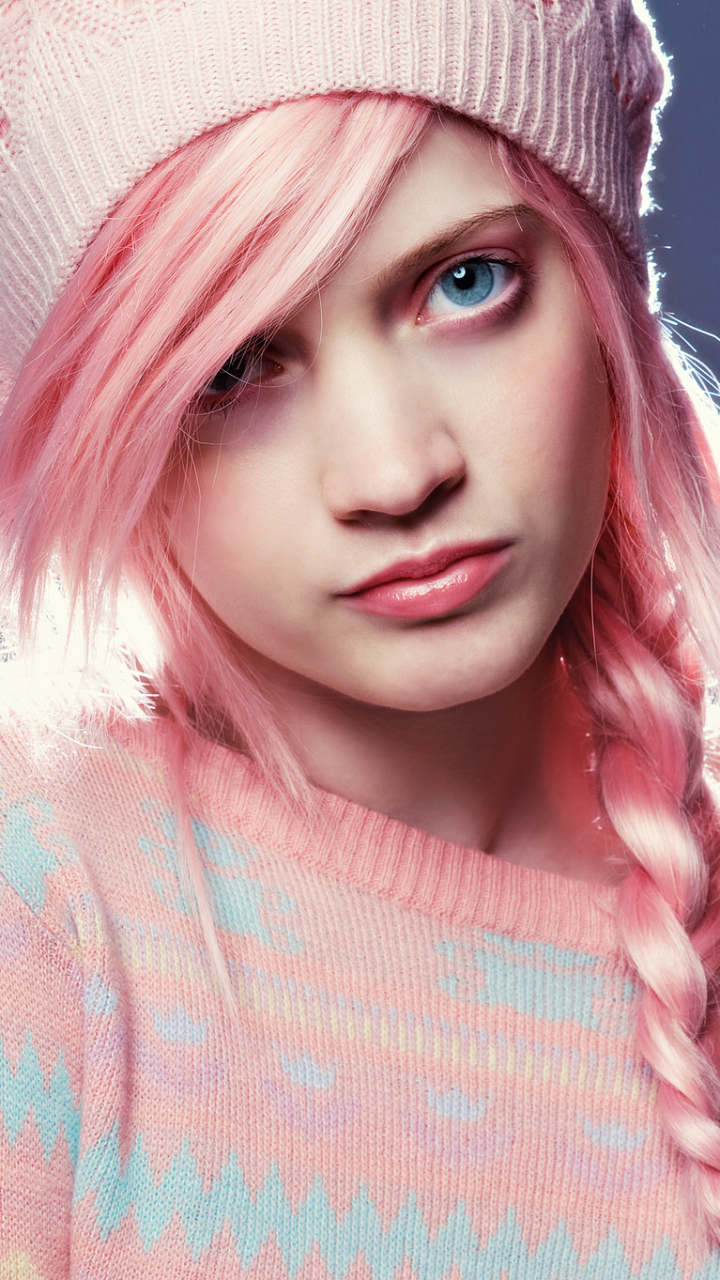 Download mobile wallpaper Hat, Model, Women, Blue Eyes, Pink Hair, Braid for free.