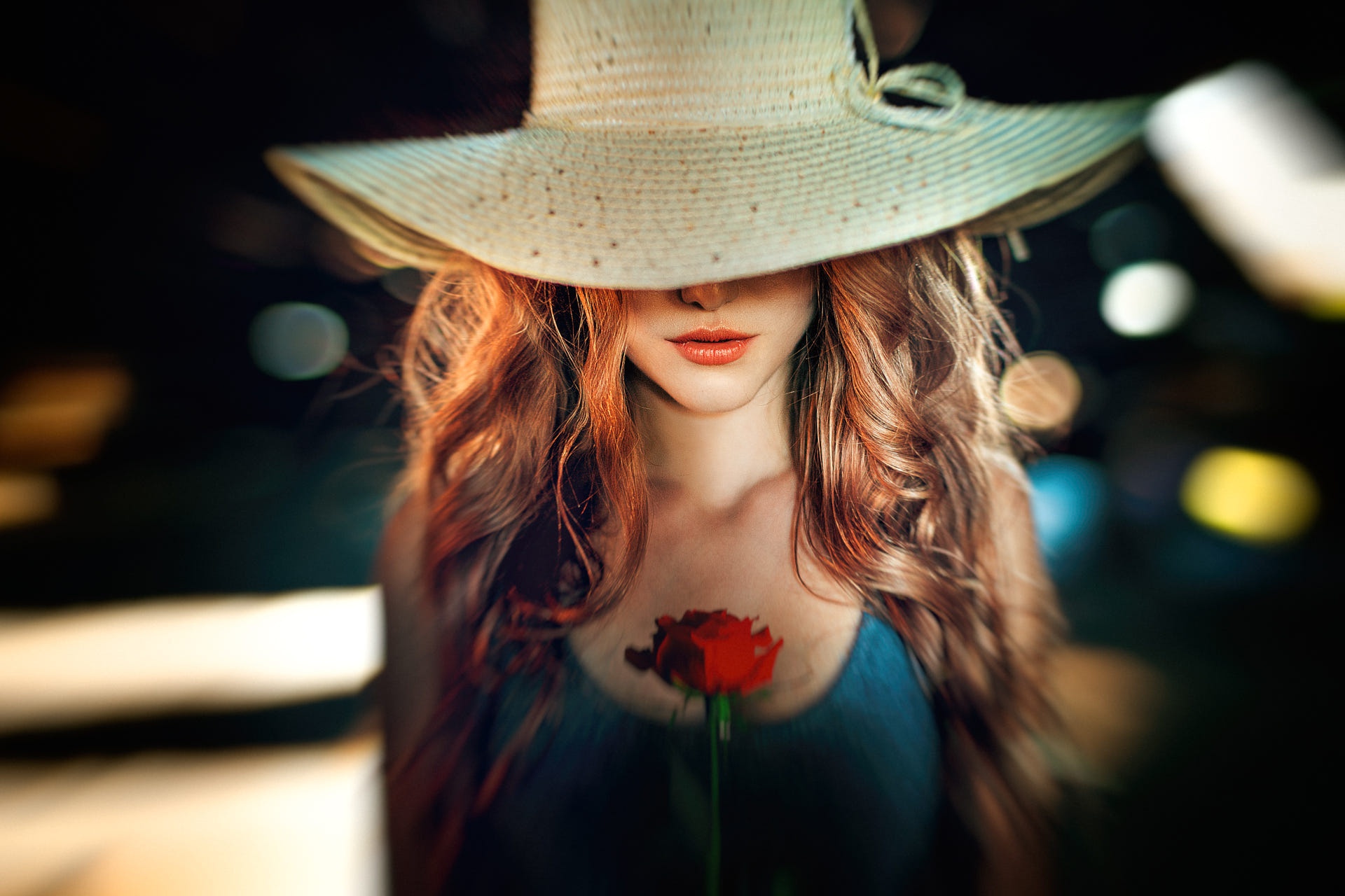Download mobile wallpaper Redhead, Mood, Hat, Model, Women, Red Flower for free.