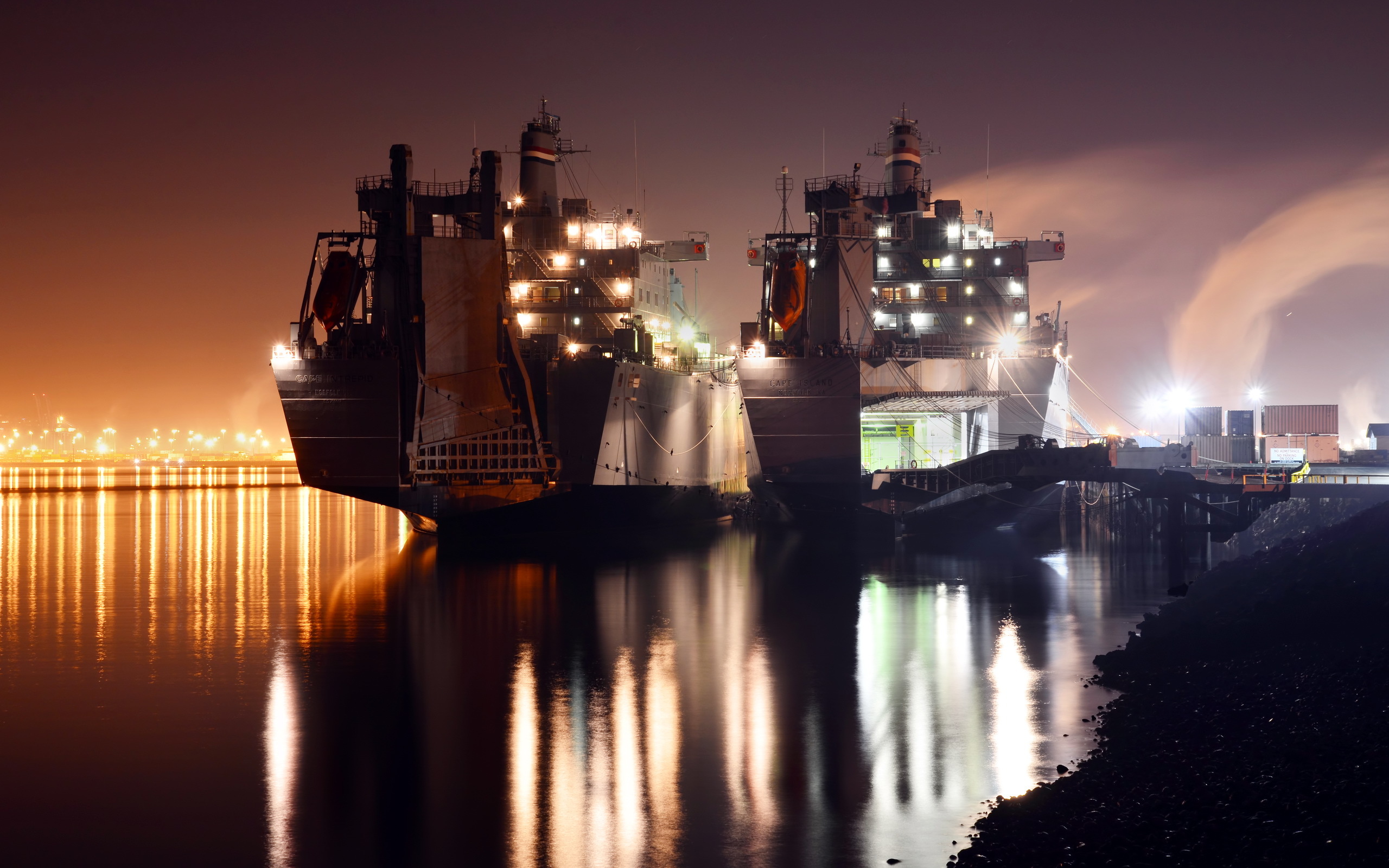 Download mobile wallpaper Night, Reflection, Light, Ship, Vehicles, Container Ship for free.
