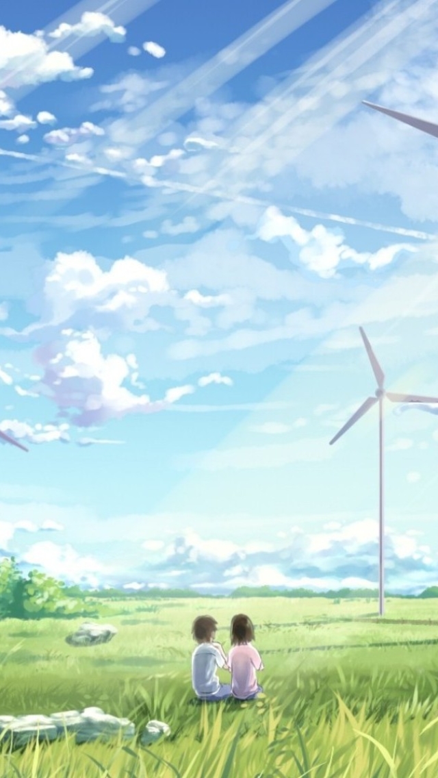 Download mobile wallpaper Anime, Summer, Cloud, Original, Wind Turbine, Sunshine for free.