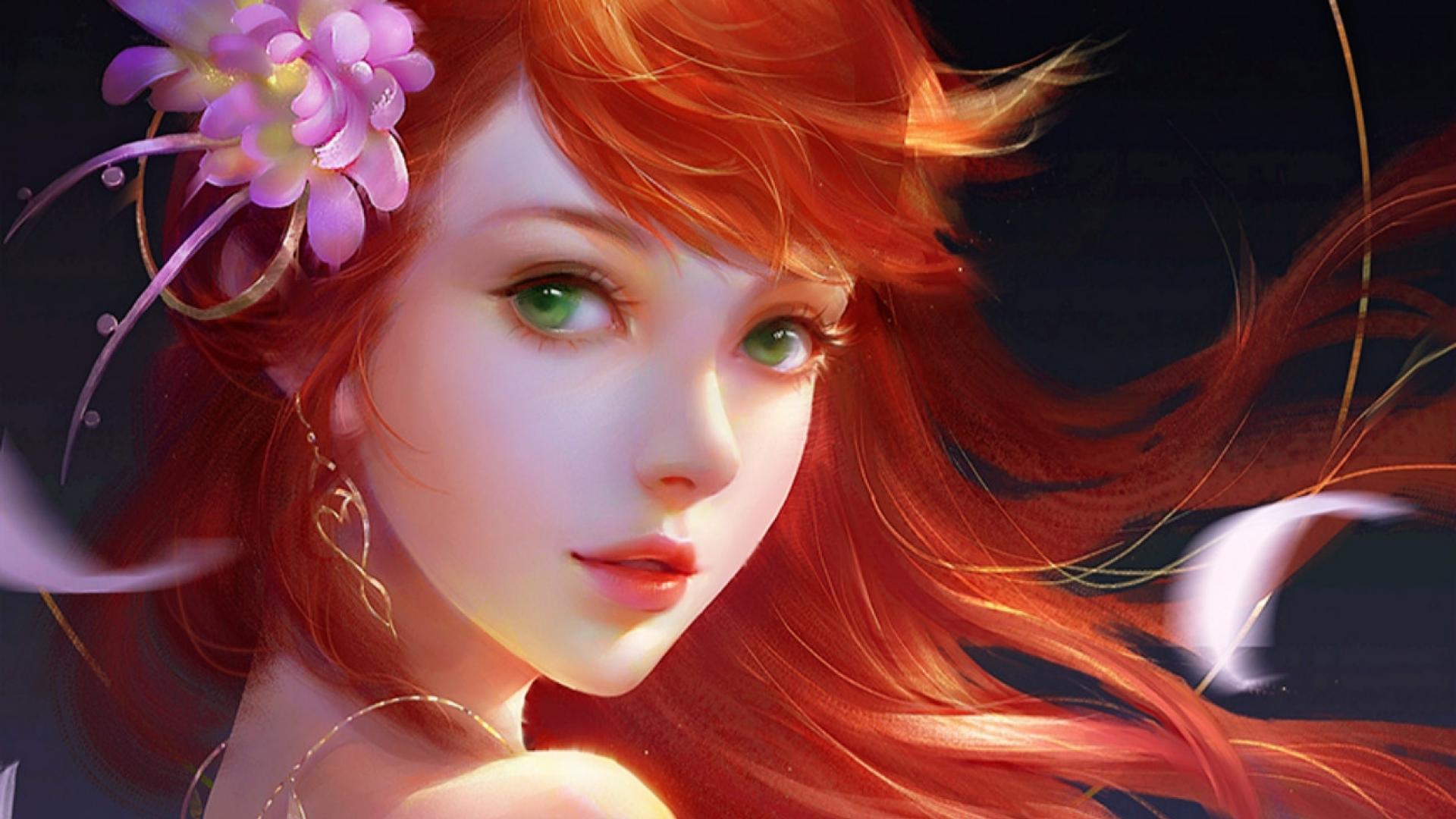 Download mobile wallpaper Fantasy, Flower, Women, Green Eyes, Red Hair for free.