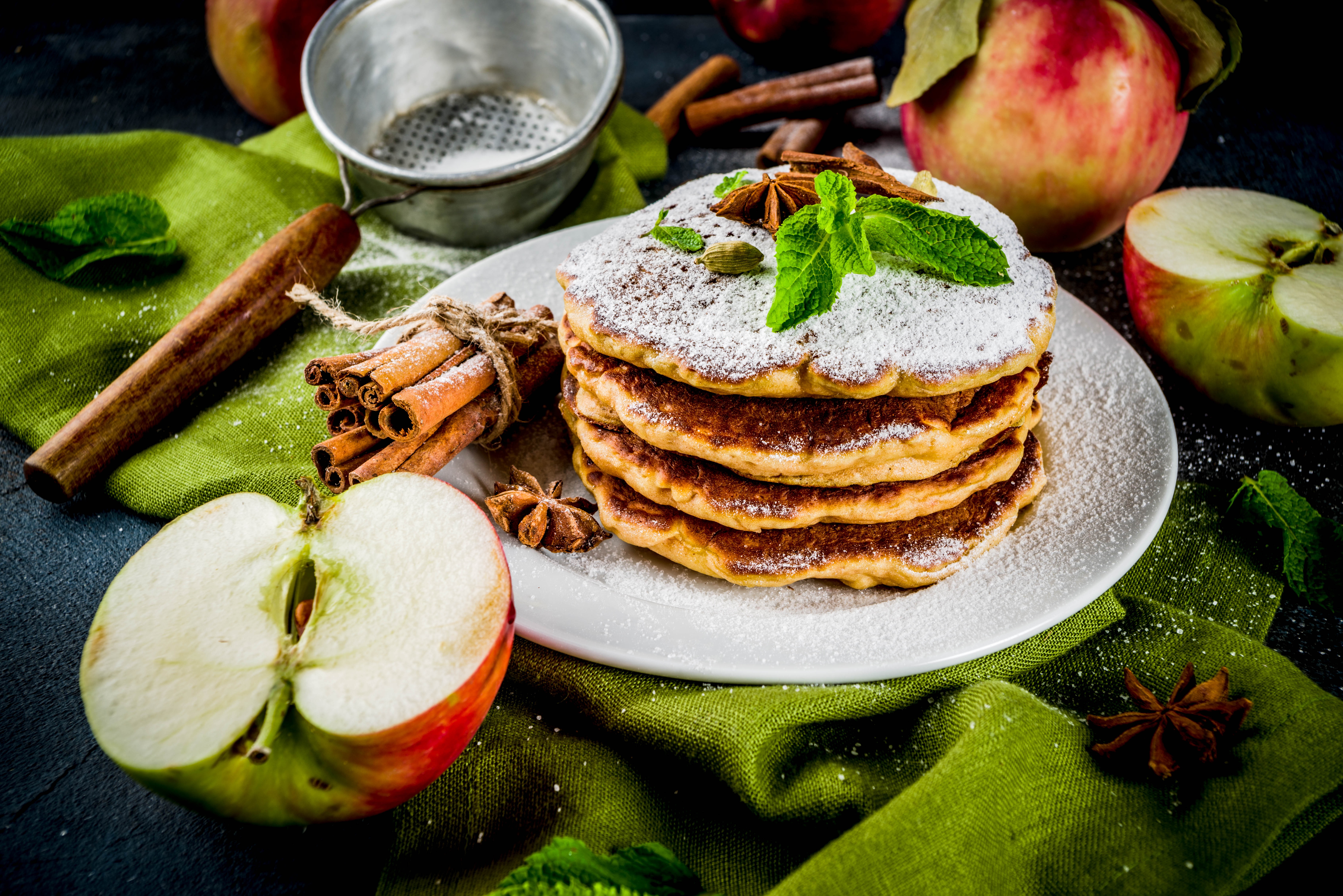 Download mobile wallpaper Food, Apple, Still Life, Cinnamon, Pancake for free.