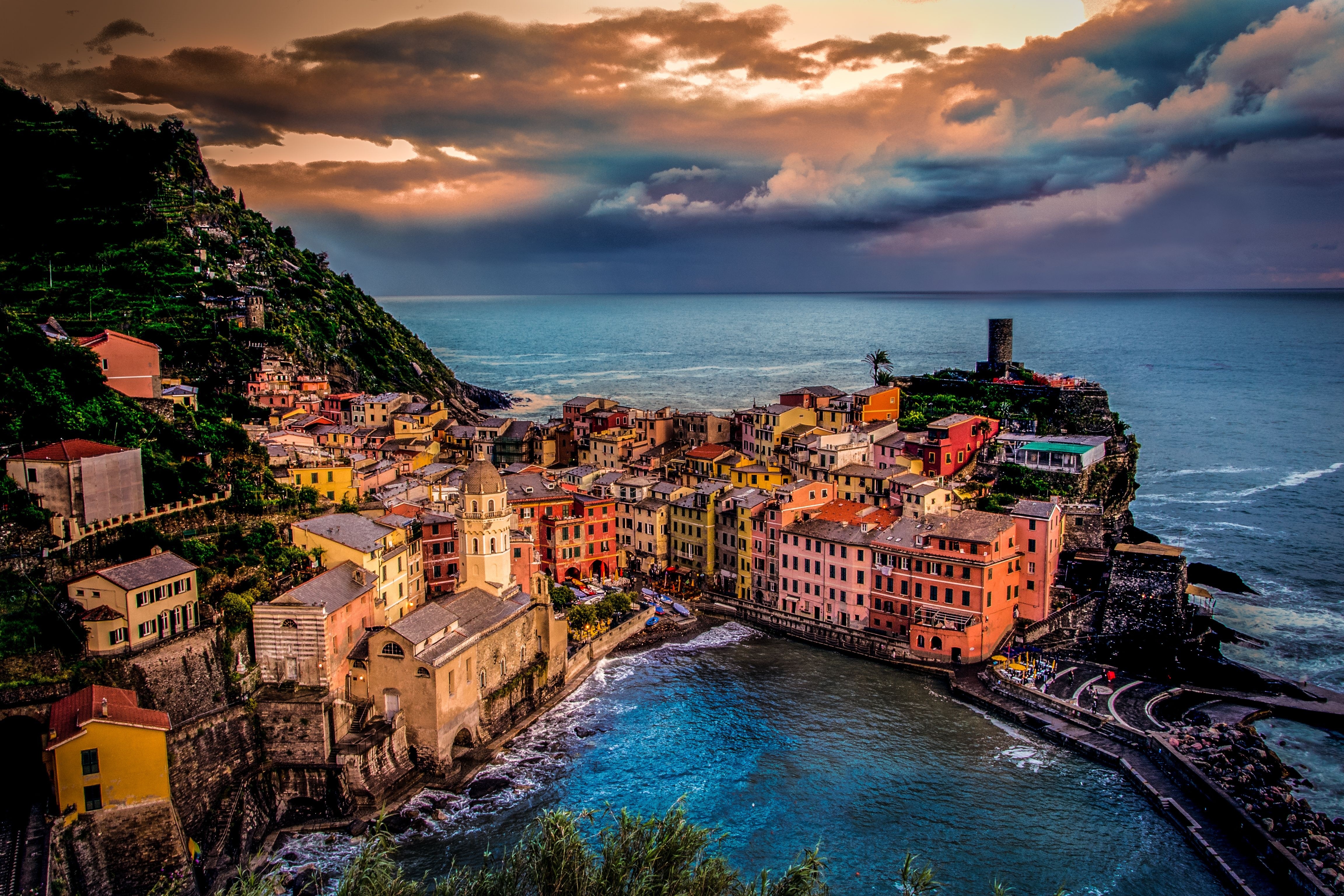 italy, man made, vernazza, colorful, horizon, house, ocean, town, towns