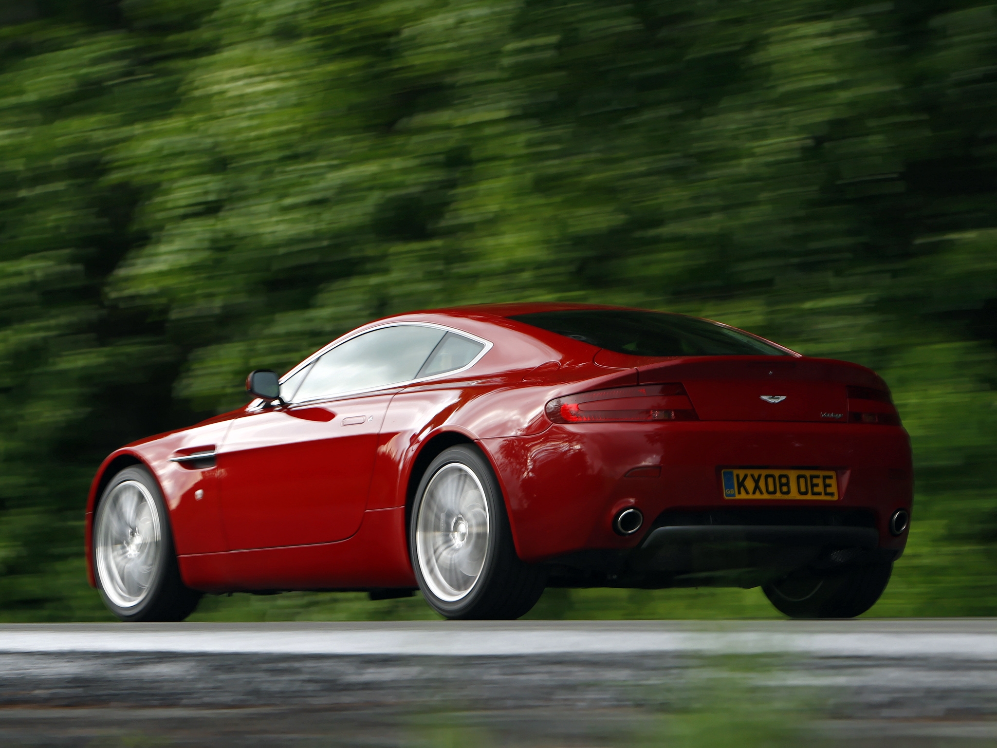 trees, aston martin, cars, red, side view, 2008, v8, vantage Phone Background