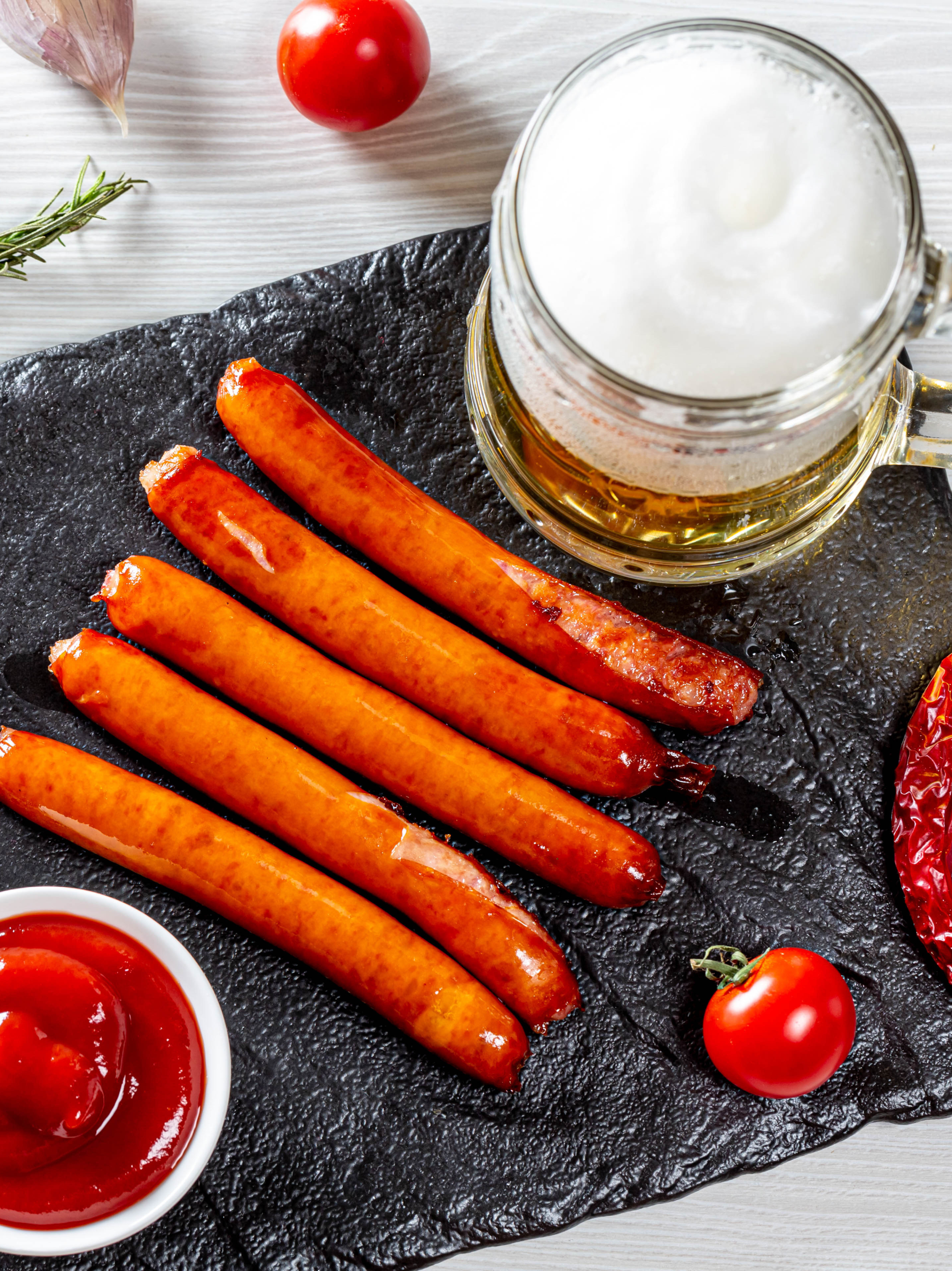 Download mobile wallpaper Food, Pepper, Meat, Beer, Still Life, Tomato, Sausage, Ketchup for free.