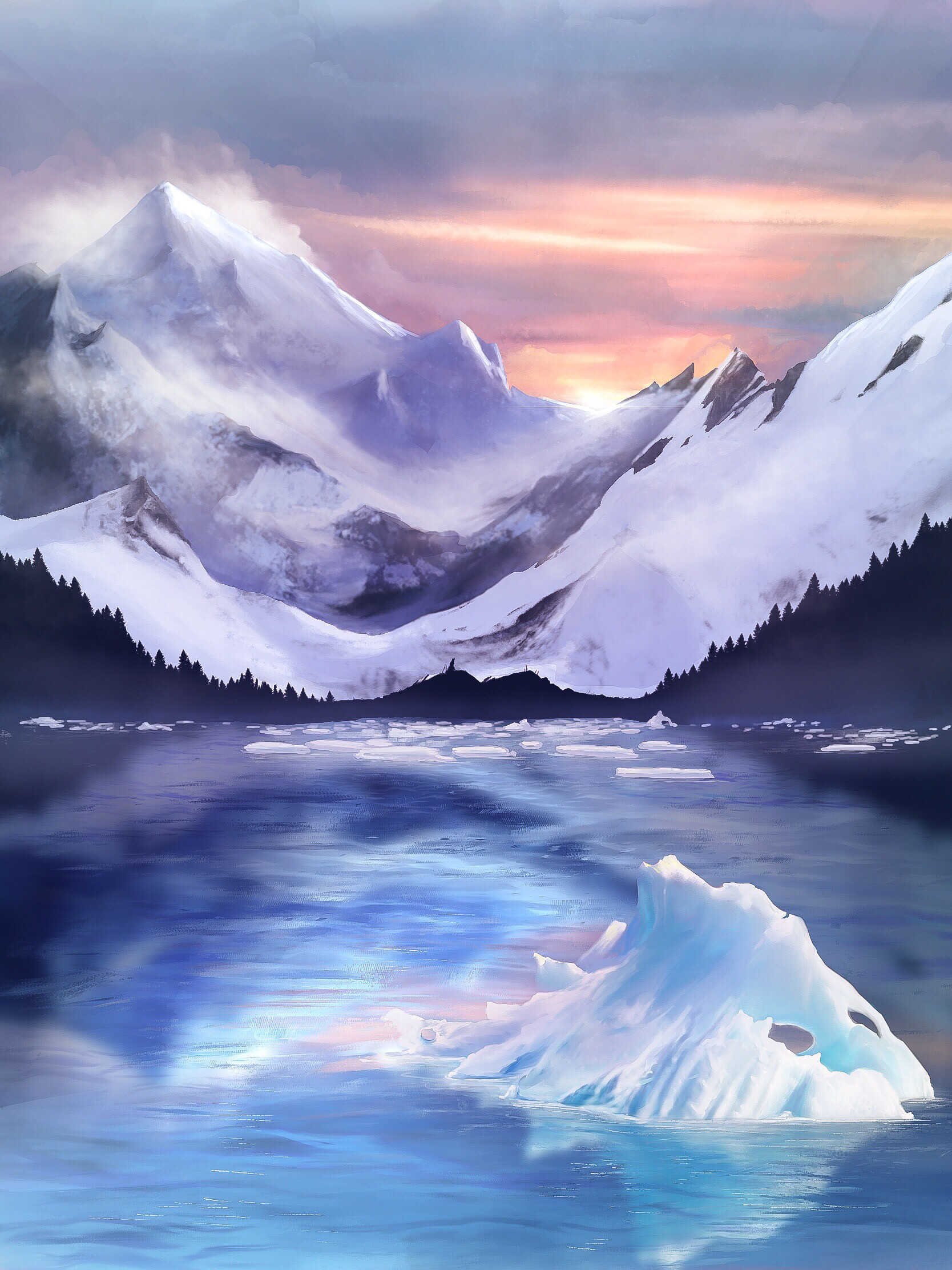 art, mountains, ice, fog, ice floes