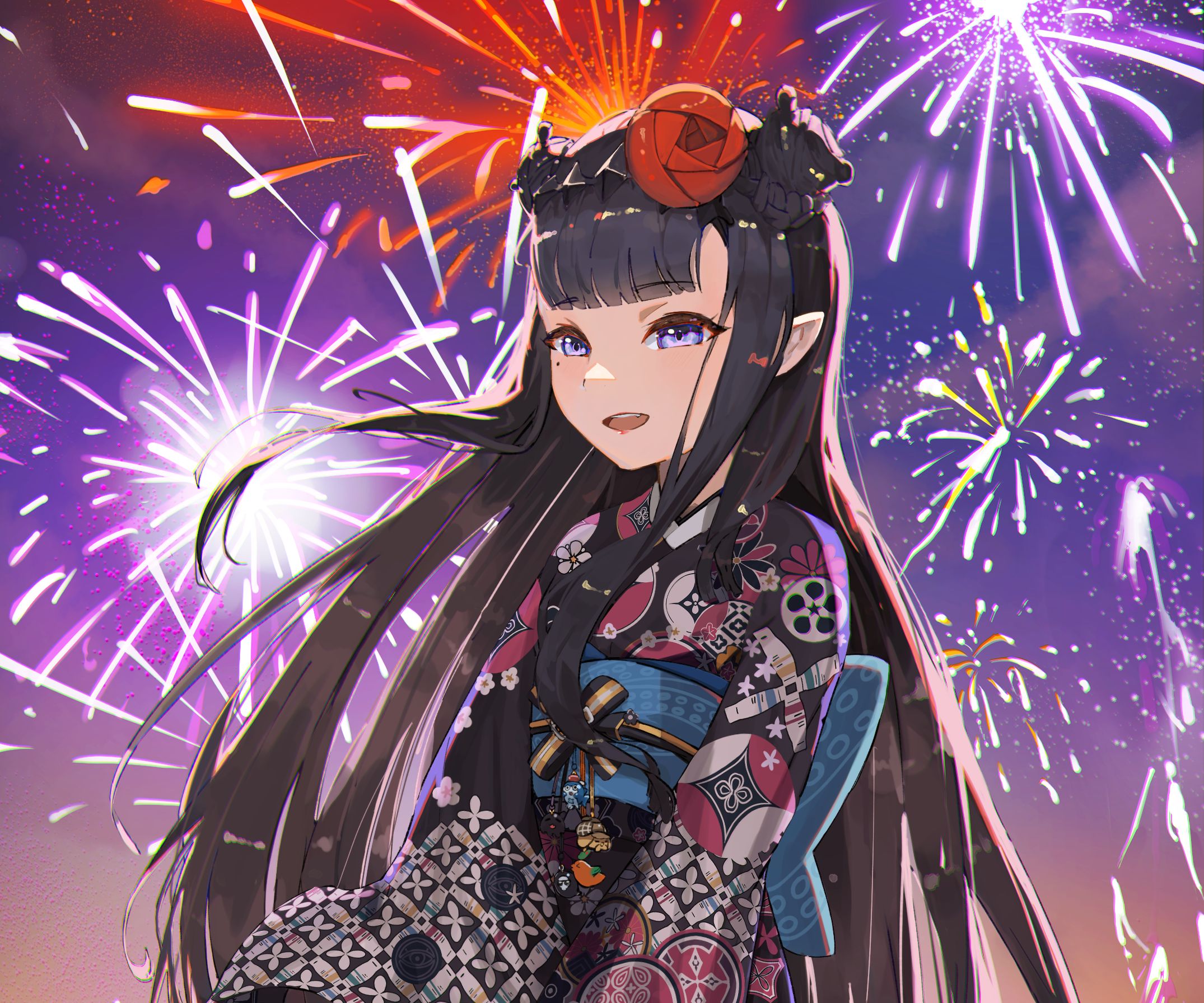 Download mobile wallpaper Anime, Kimono, Fireworks, Virtual Youtuber, Hololive, Ninomae Ina'nis for free.