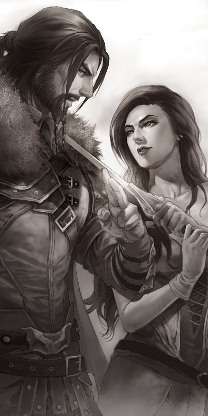 Download mobile wallpaper Fantasy, Love, Couple, Warrior, Black & White for free.