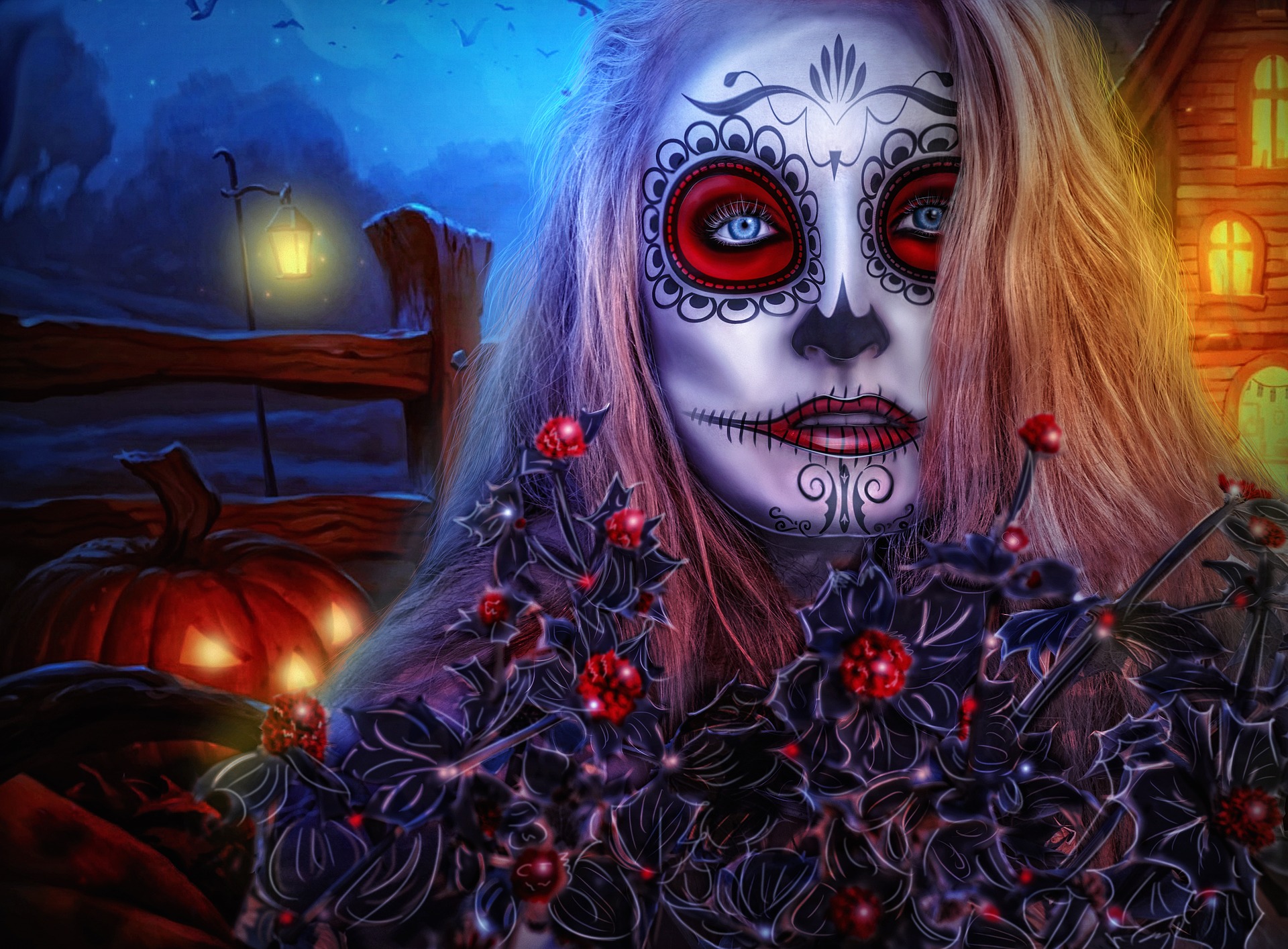 Download mobile wallpaper Halloween, Night, Artistic, Blonde, Face, Blue Eyes, Sugar Skull for free.