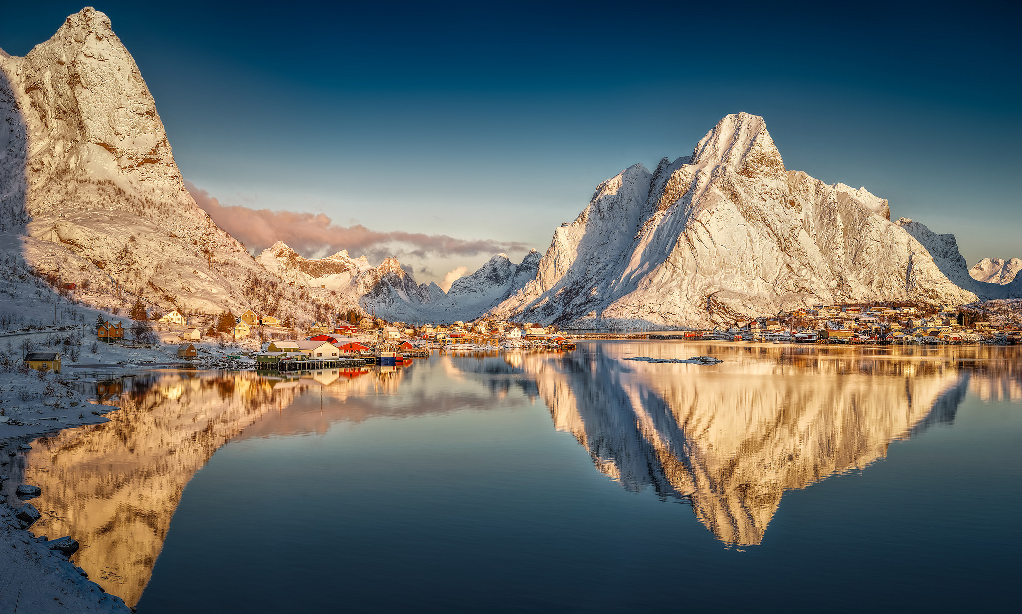 Download mobile wallpaper Mountain, Reflection, Village, Norway, Lofoten, Man Made, Reine for free.