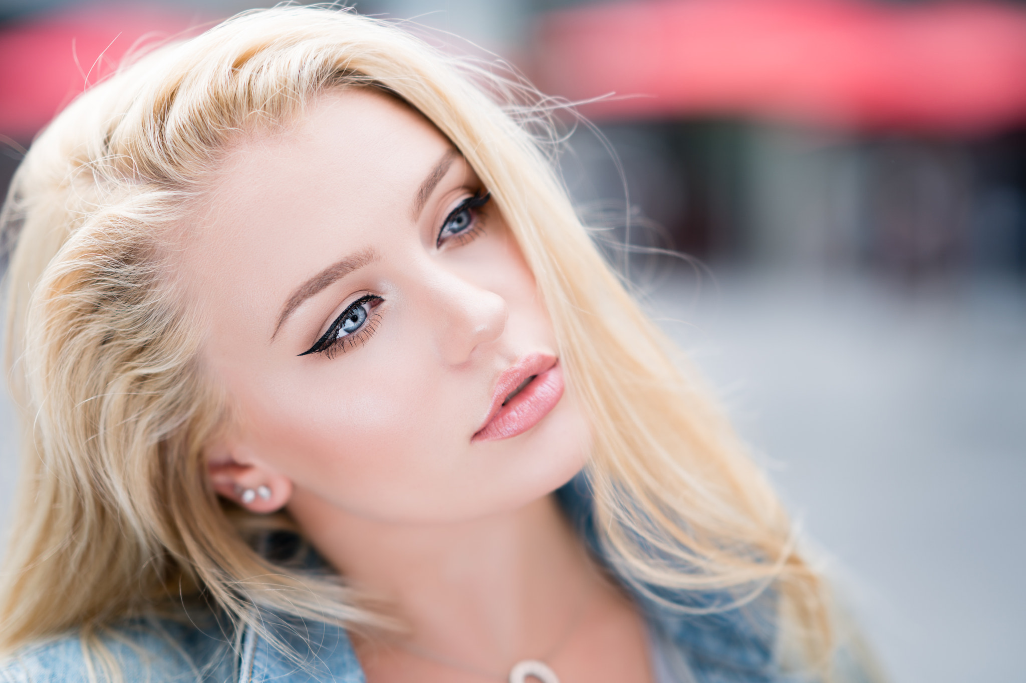 Download mobile wallpaper Blonde, Model, Women, Earrings, Blue Eyes, Long Hair for free.