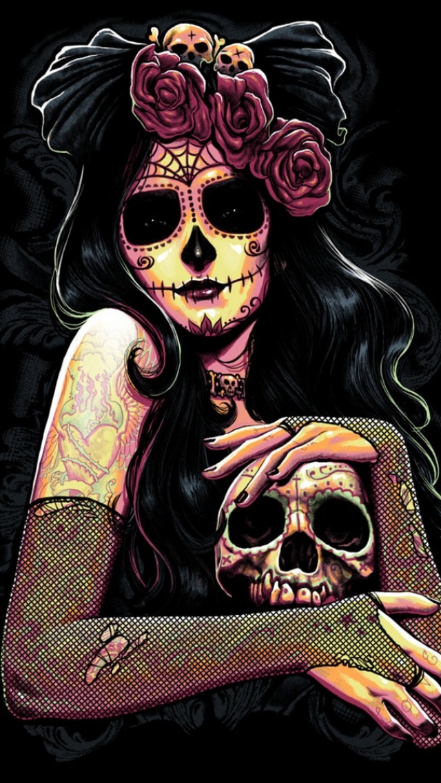 artistic, sugar skull, rose, gothic, day of the dead Phone Background