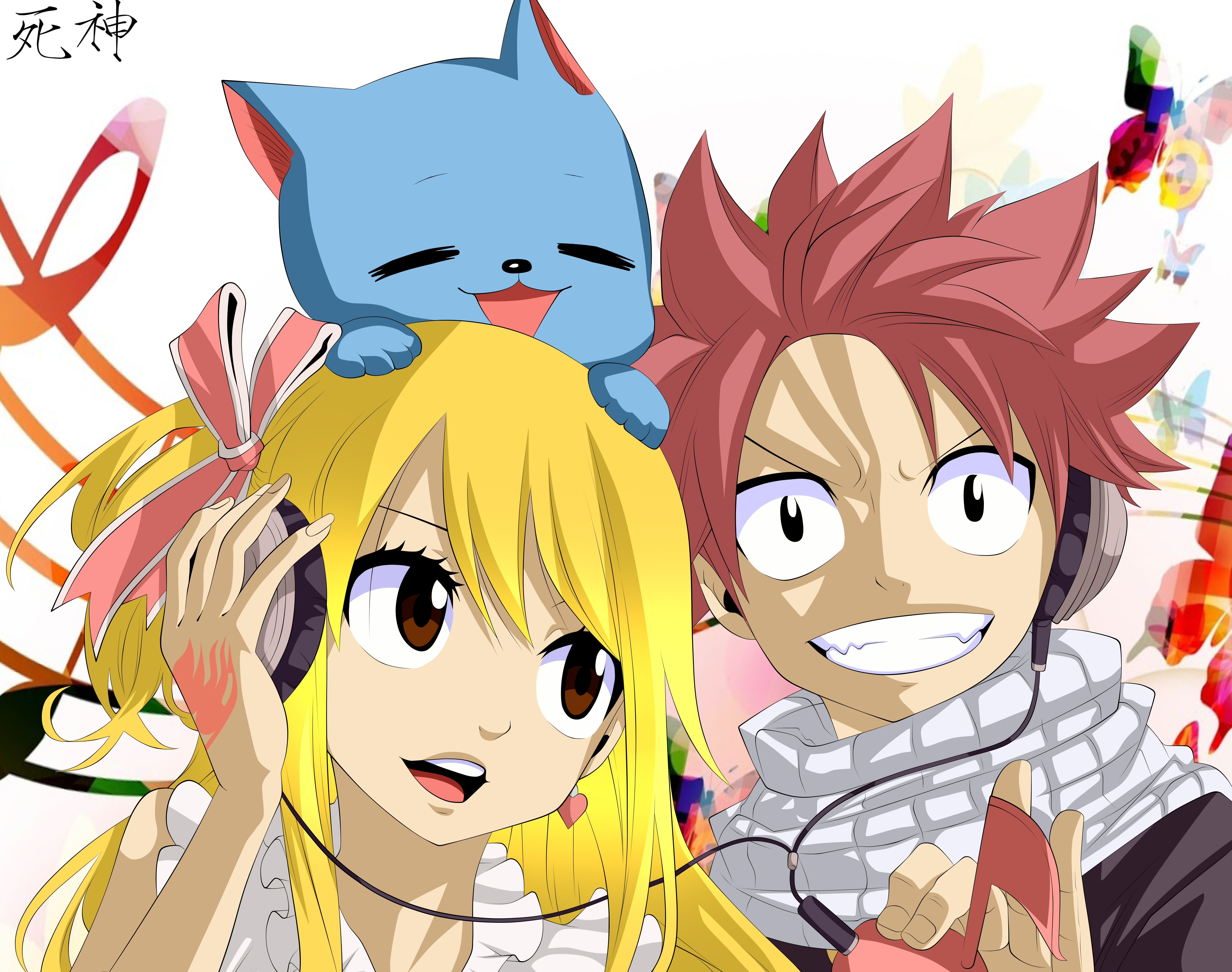 Free download wallpaper Anime, Fairy Tail, Lucy Heartfilia, Natsu Dragneel, Happy (Fairy Tail) on your PC desktop