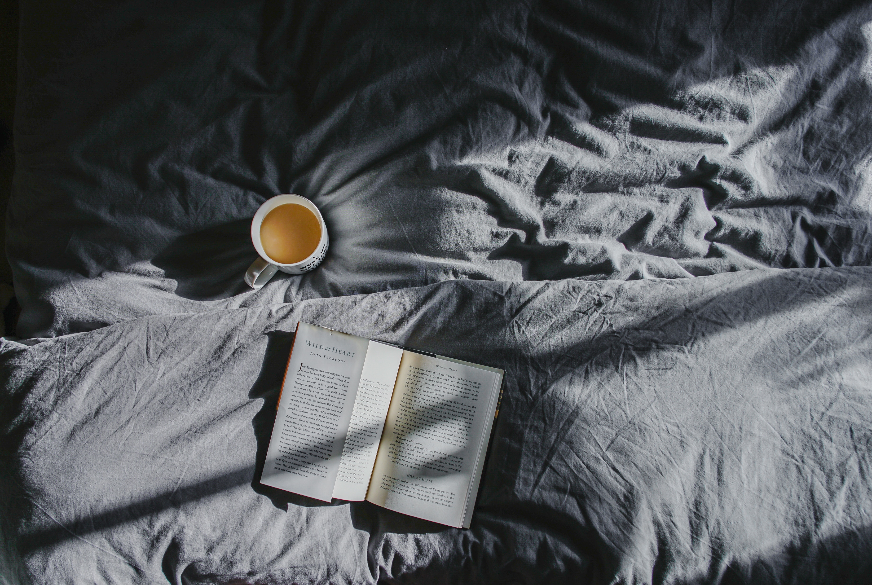 coffee, miscellaneous, miscellanea, shadow, book, bed HD wallpaper