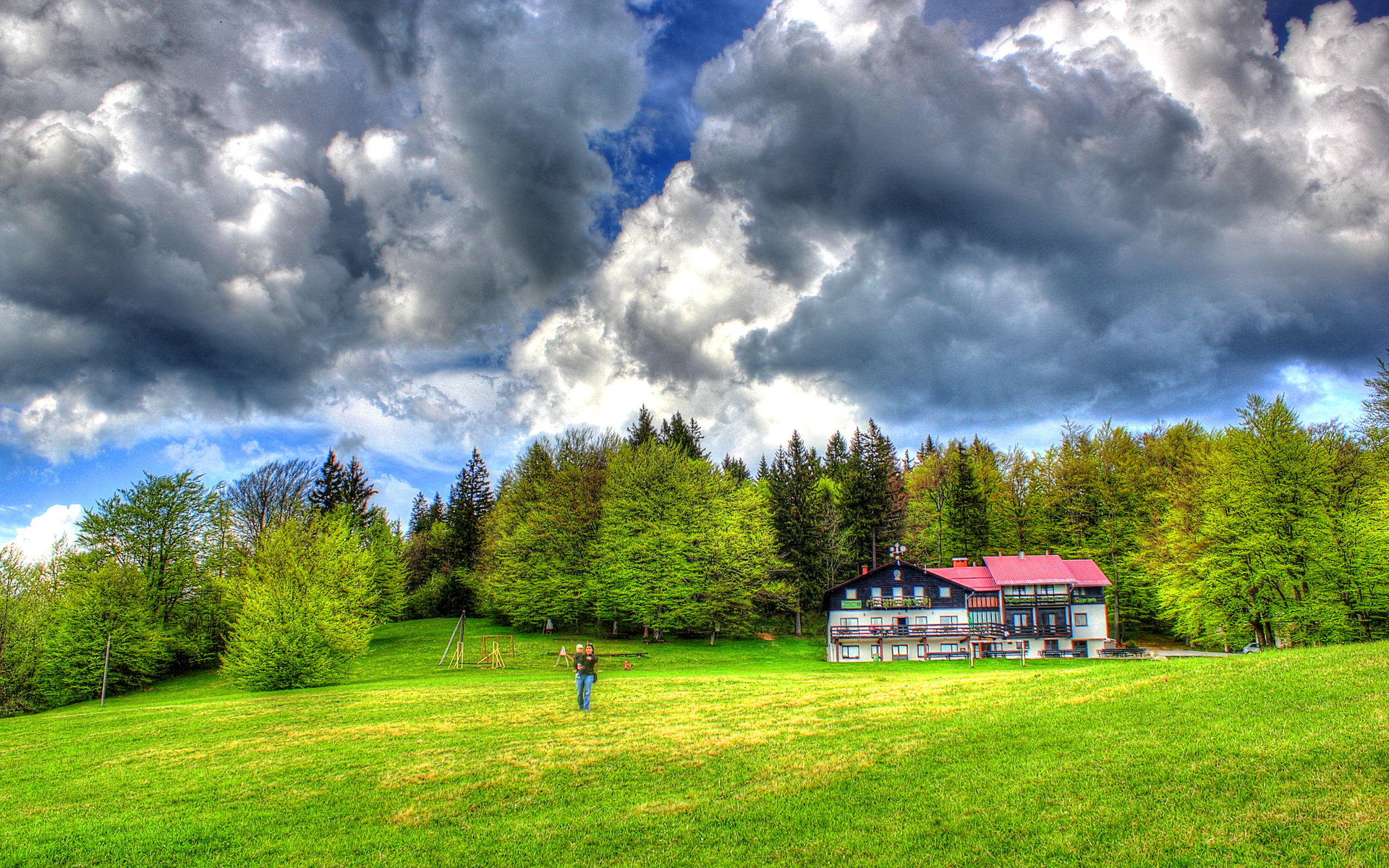 Free download wallpaper Landscape, People, Sky, Forest, House, Hdr, Cloud, Resort, Photography, Scenic on your PC desktop