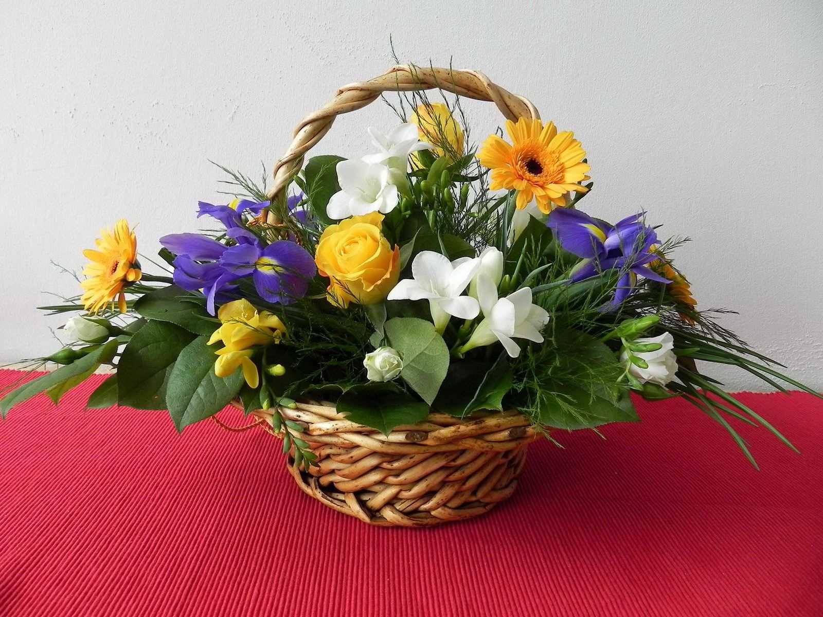 flowers, roses, leaves, gerberas, basket, composition, irises, lukoshko