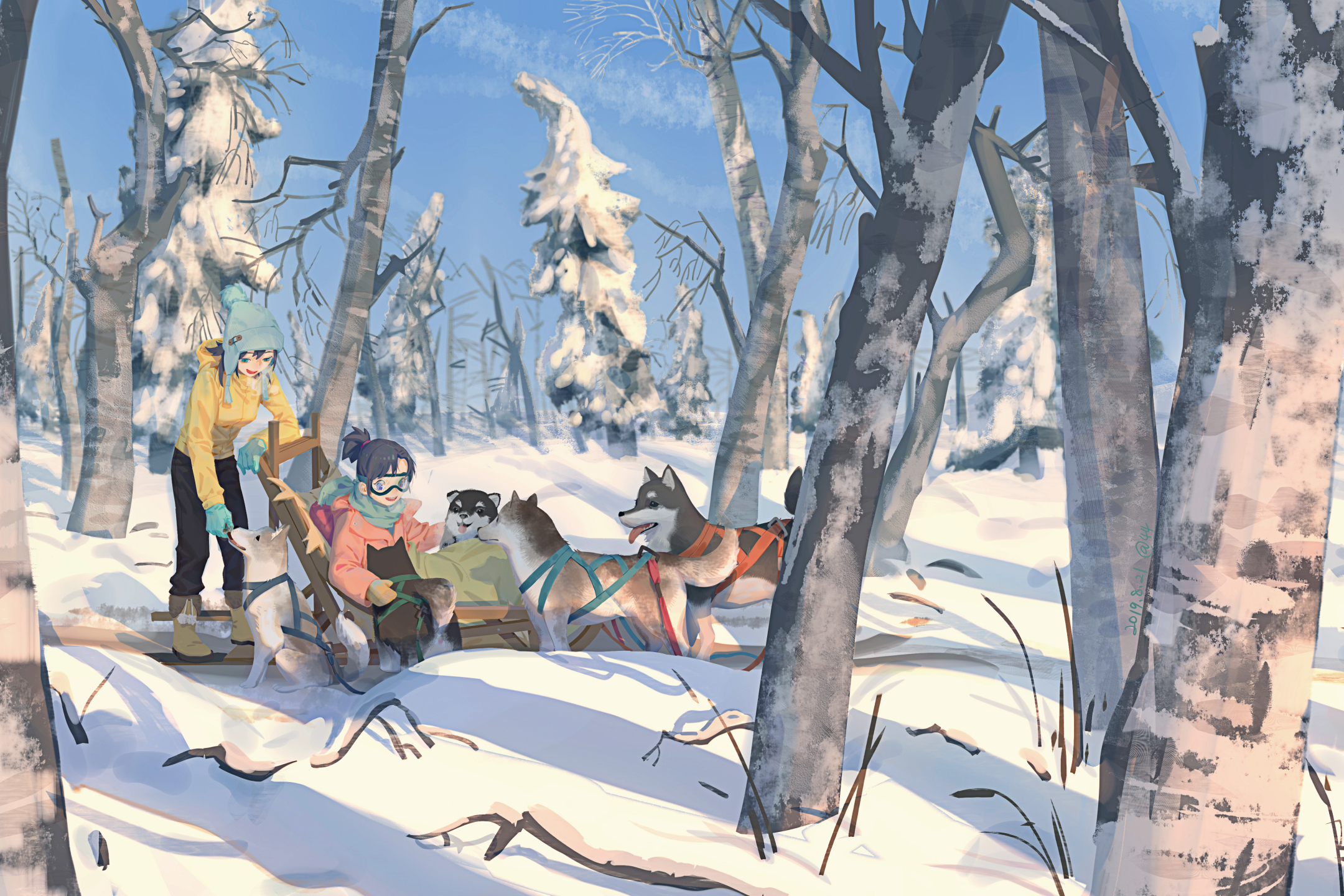 Free download wallpaper Anime, Winter, Snow, Forest, Dog on your PC desktop