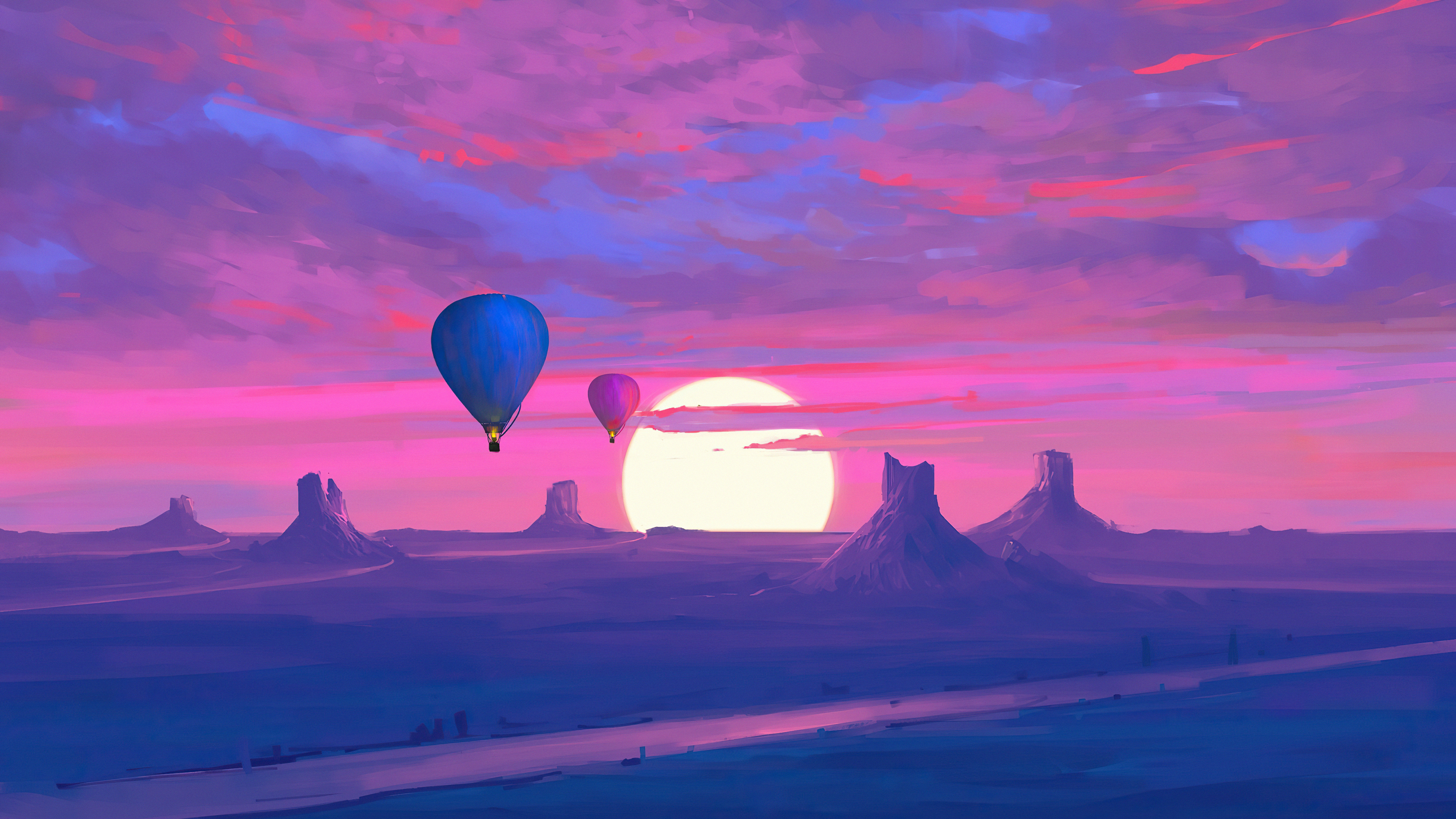 Download mobile wallpaper Landscape, Sunset, Desert, Horizon, Artistic, Hot Air Balloon for free.