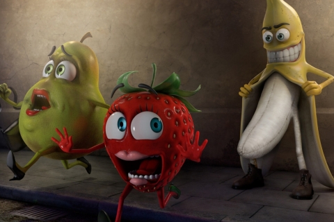 Download mobile wallpaper Funny, Strawberry, Banana, Pear, Cgi, Humor for free.