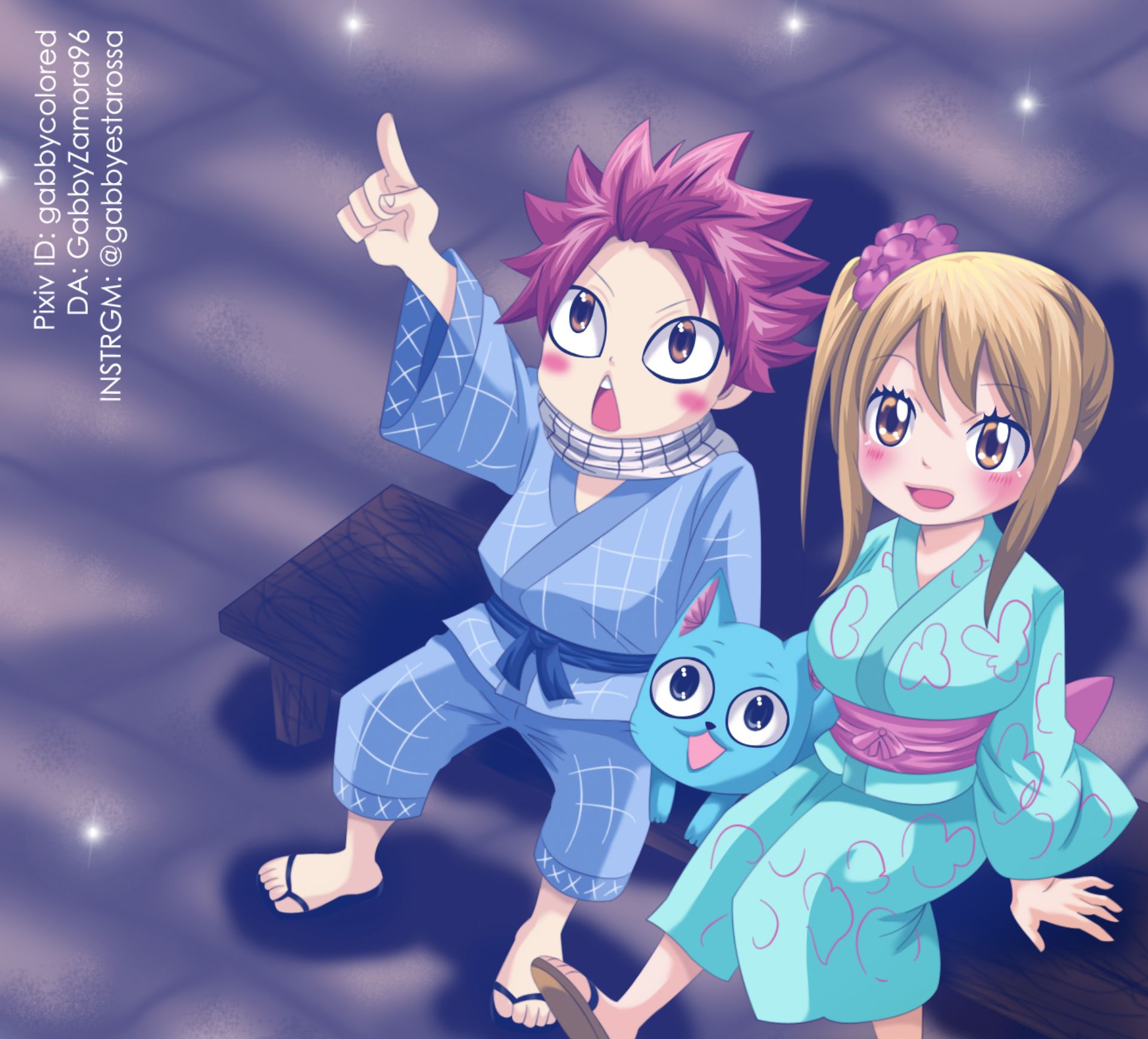 Download mobile wallpaper Anime, Kimono, Fairy Tail, Lucy Heartfilia, Natsu Dragneel, Happy (Fairy Tail) for free.