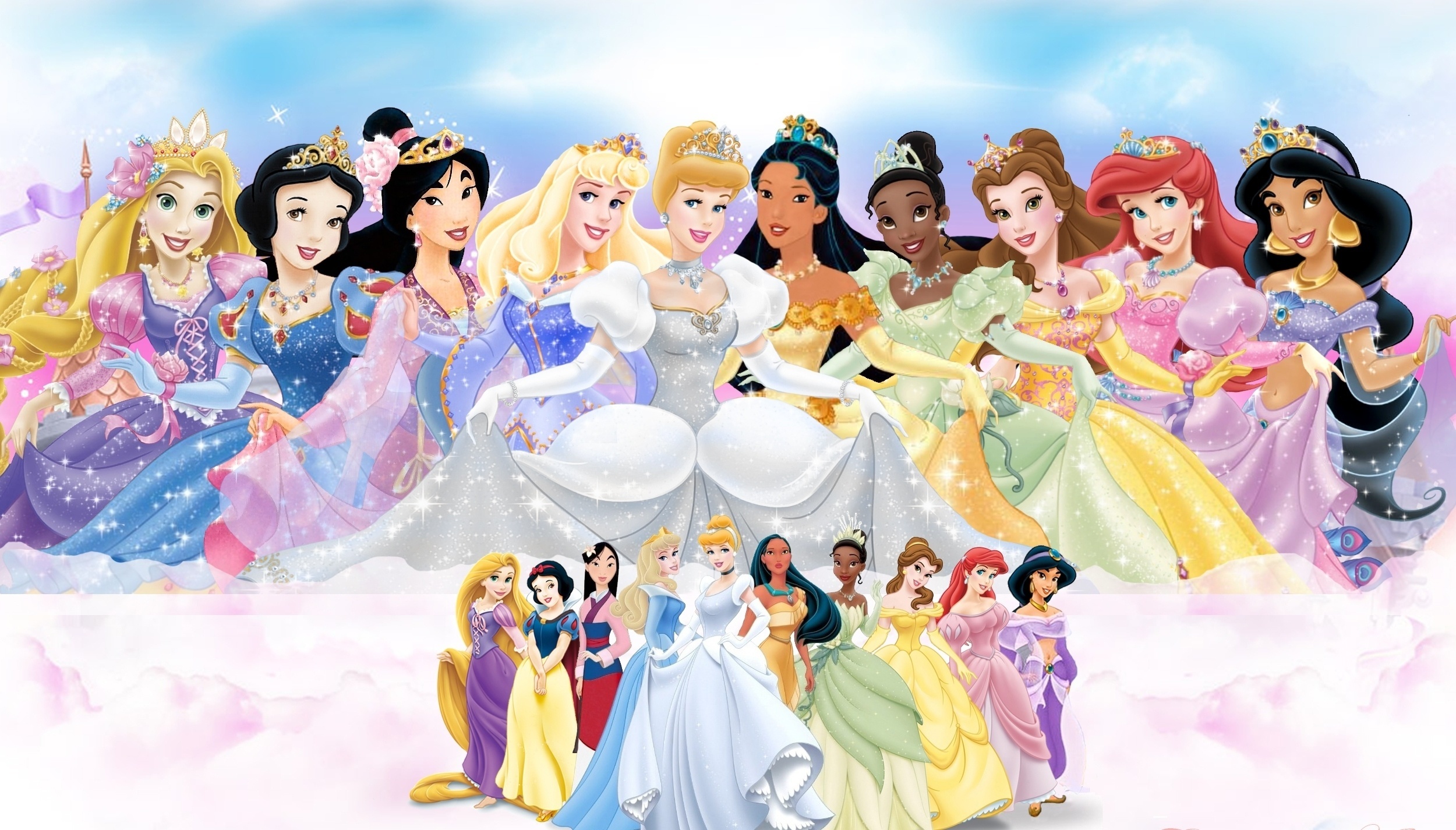 disney princess, cinderella, tiana (the princess and the frog), disney, rapunzel, movie, ariel (the little mermaid), belle (beauty and the beast), mulan, princess jasmine, snow white