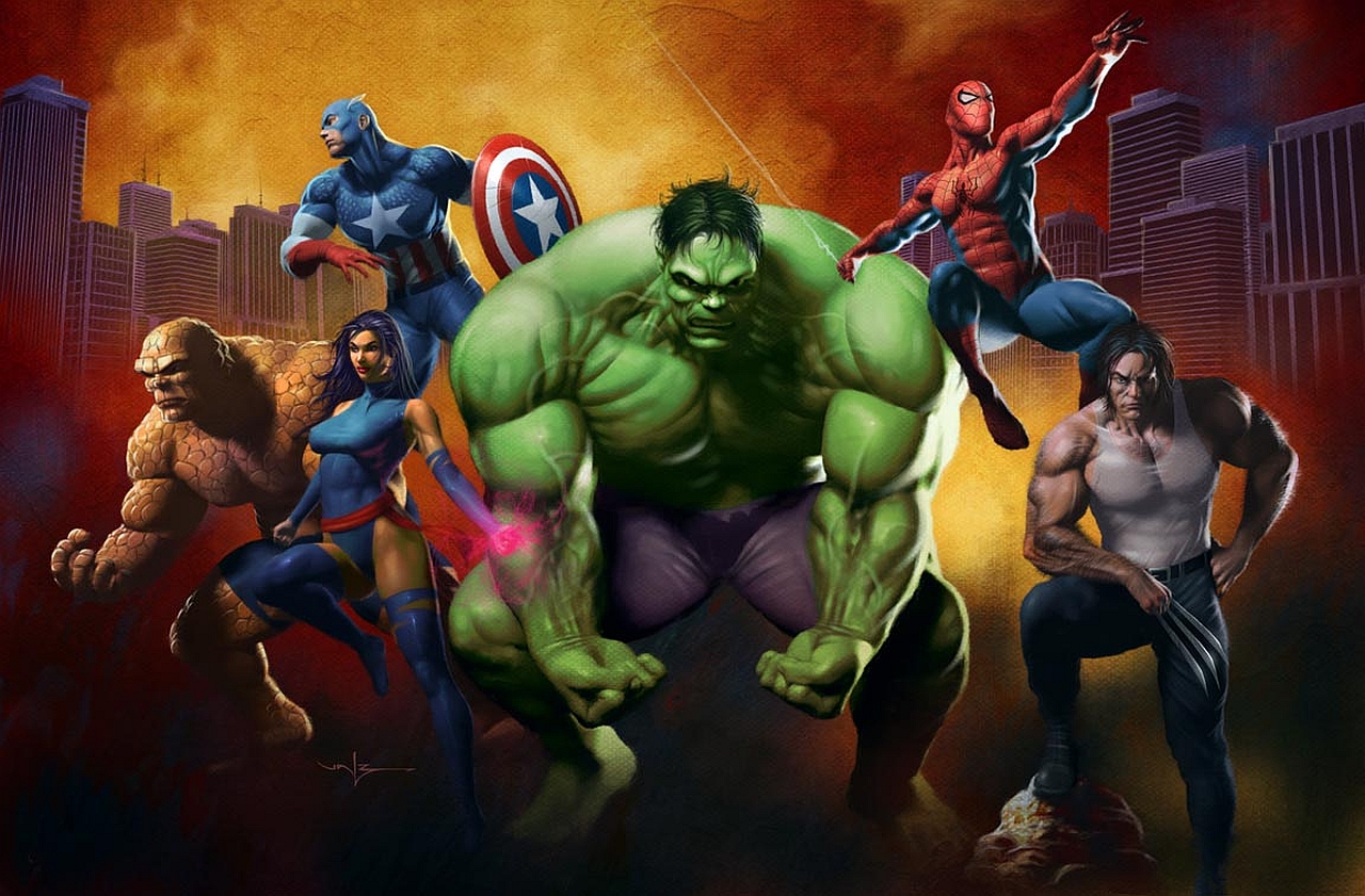 comics, marvel comics, captain america, hulk, logan james howlett, psylocke (marvel comics), spider man, thing (marvel comics), wolverine