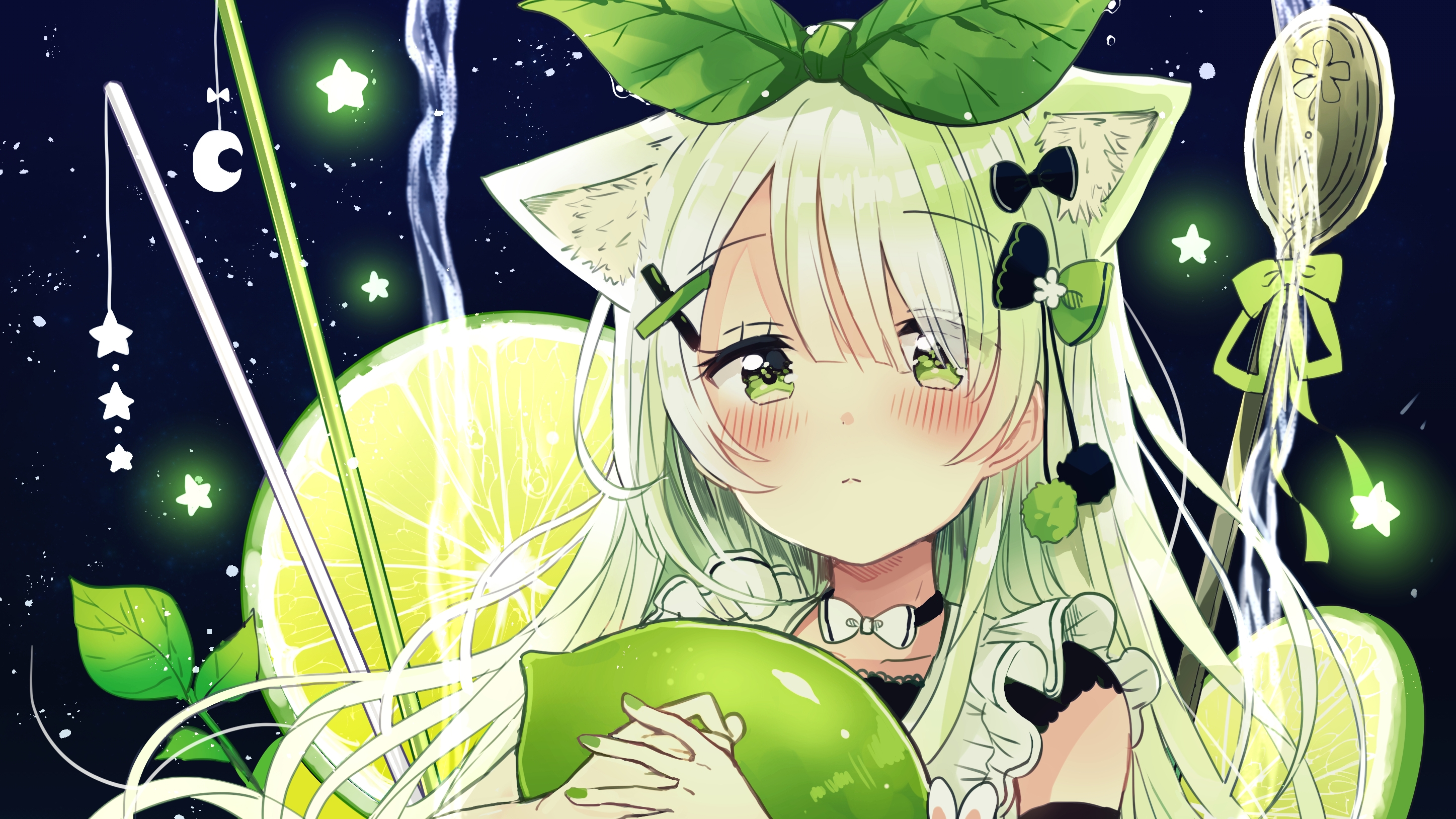 Download mobile wallpaper Anime, Stars, Lemon, Green Hair, Green Eyes, Original, Animal Ears for free.