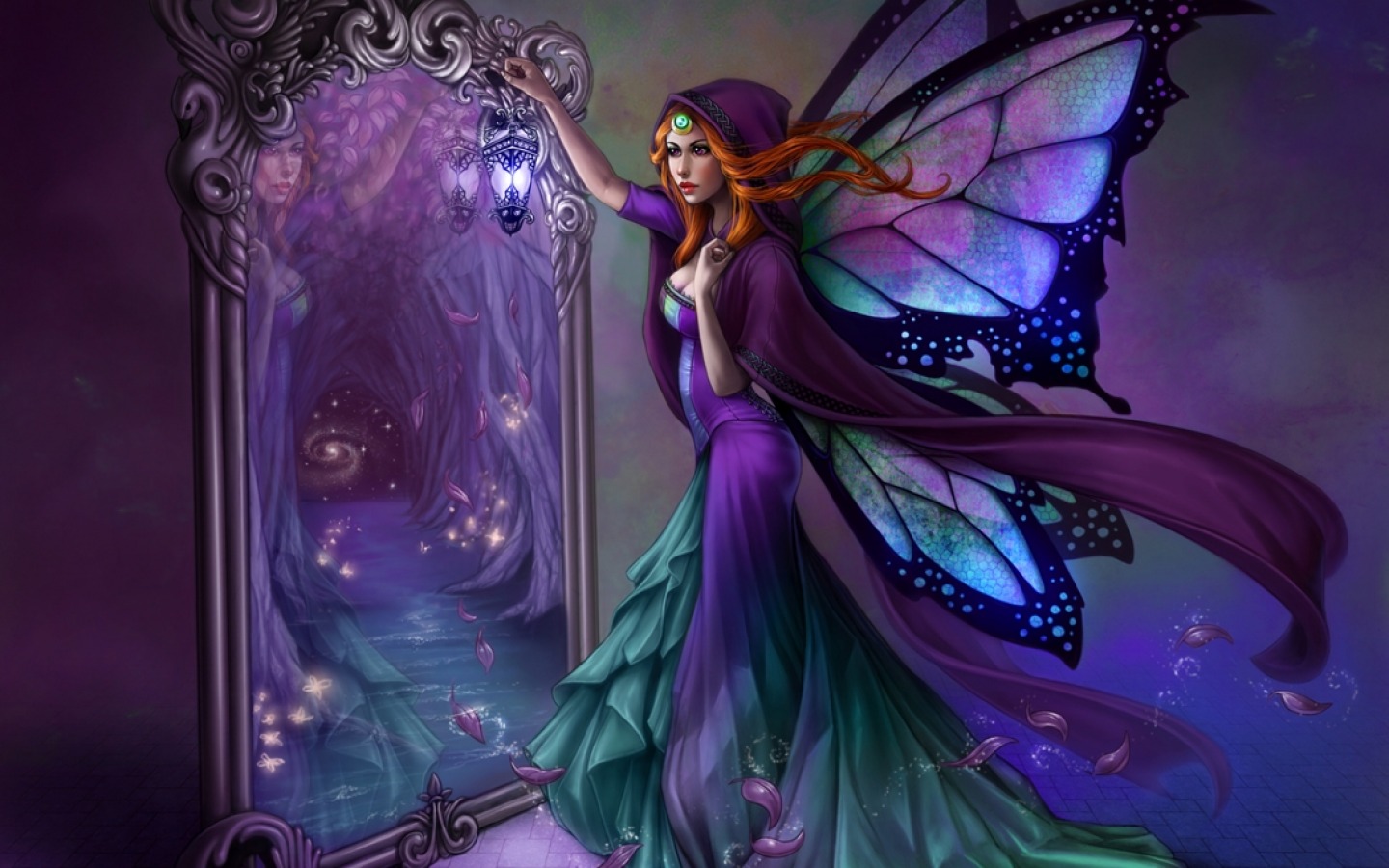 Download mobile wallpaper Fantasy, Butterfly, Purple, Mirror, Fairy for free.