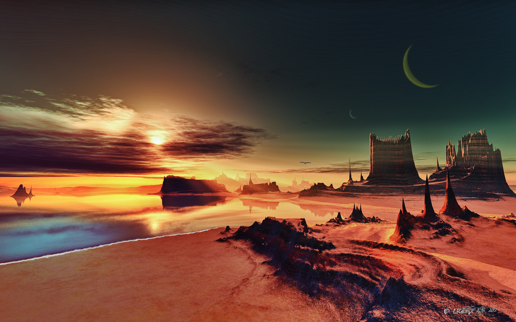Free download wallpaper Landscape, Sunset, Mountains, Sea, Fantasy on your PC desktop