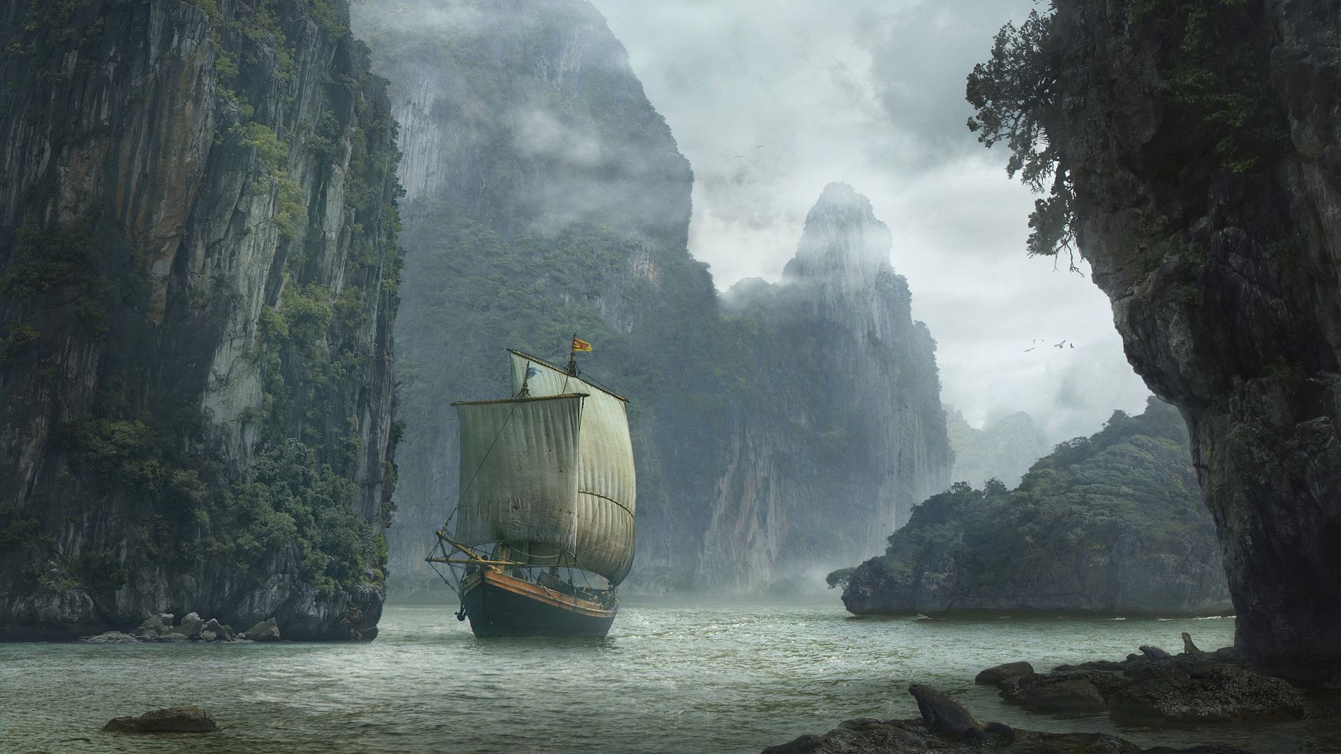 Download mobile wallpaper Fantasy, Fog, Cliff, Ship for free.