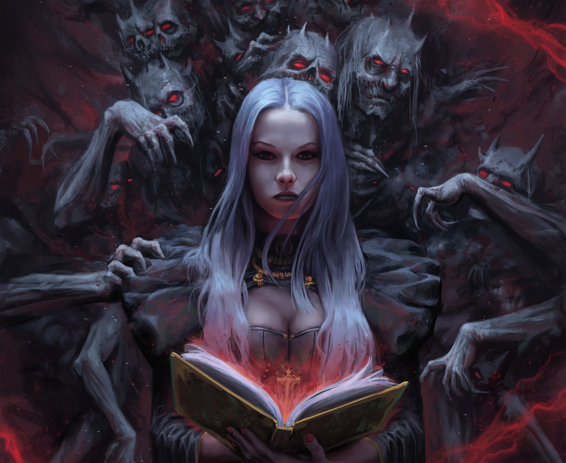 Free download wallpaper Dark, Book, Demon, Sorceress, White Hair on your PC desktop