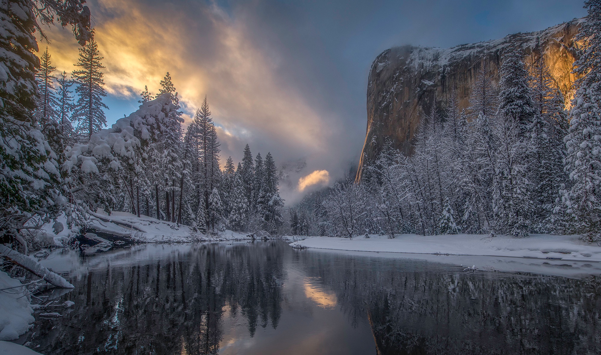 Laden Sie das Winter, Schnee, Wald, Fluss, Gebirge, Kalifornien, Nationalpark, Yosemite Nationalpark, Sierra Nevada, Erde/natur, Spiegelung, Merced Fluss-Bild kostenlos auf Ihren PC-Desktop herunter