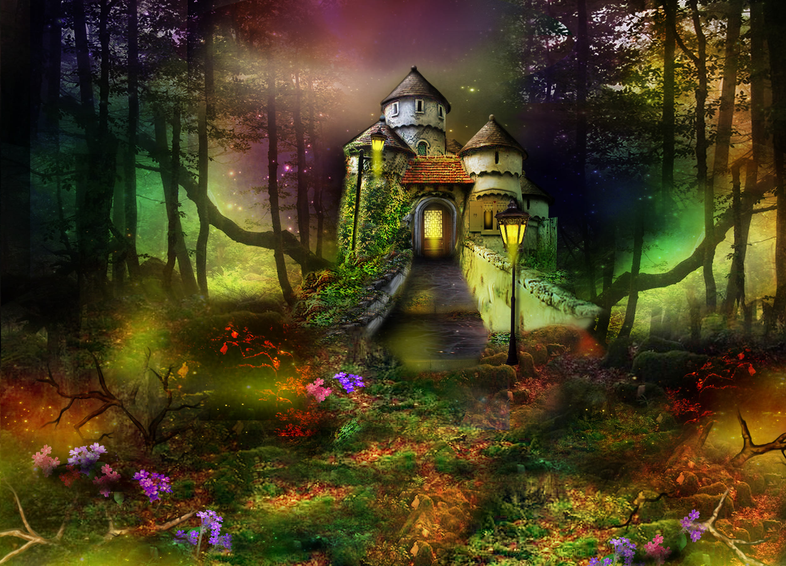 Free download wallpaper Fantasy, Flower, Forest, Lantern, Artistic, Castle on your PC desktop