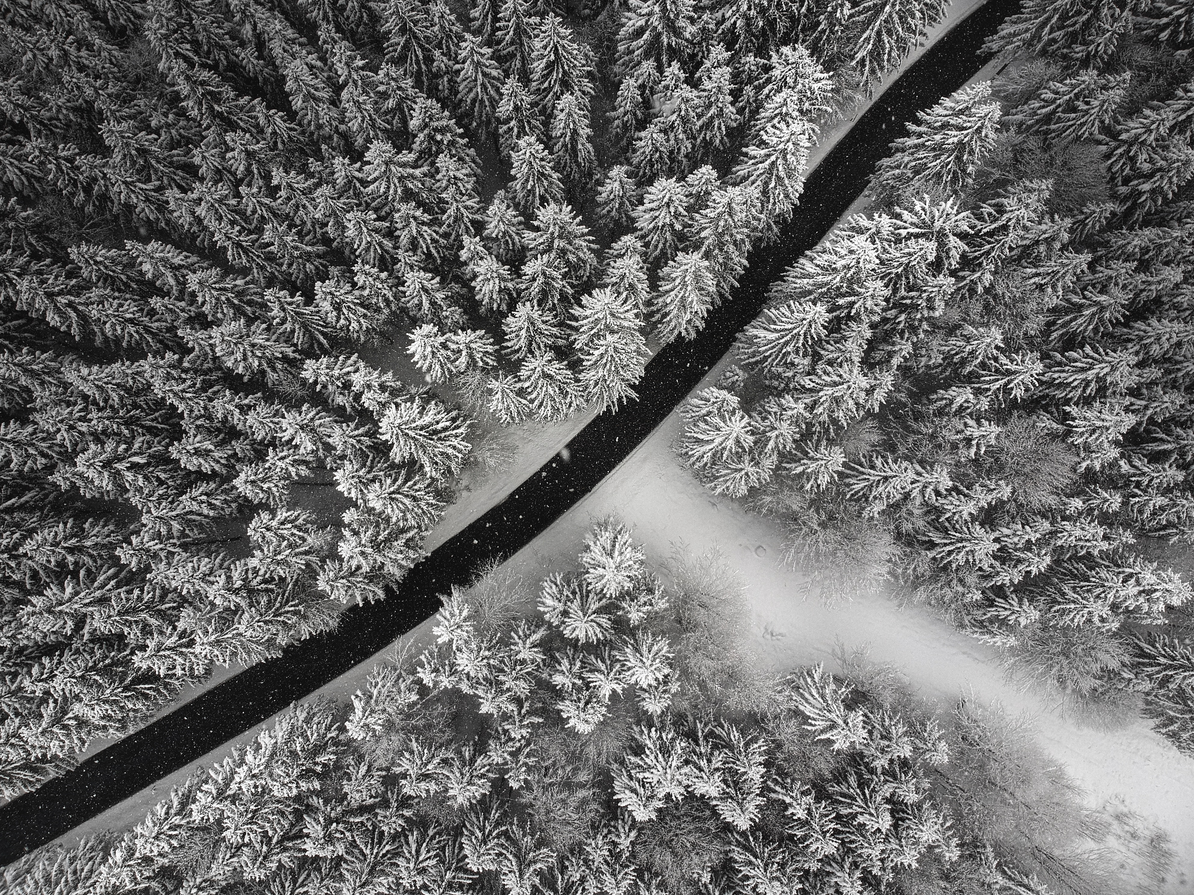 Download mobile wallpaper Snow, Trees, View From Above, Forest, Road, Nature, Winter for free.