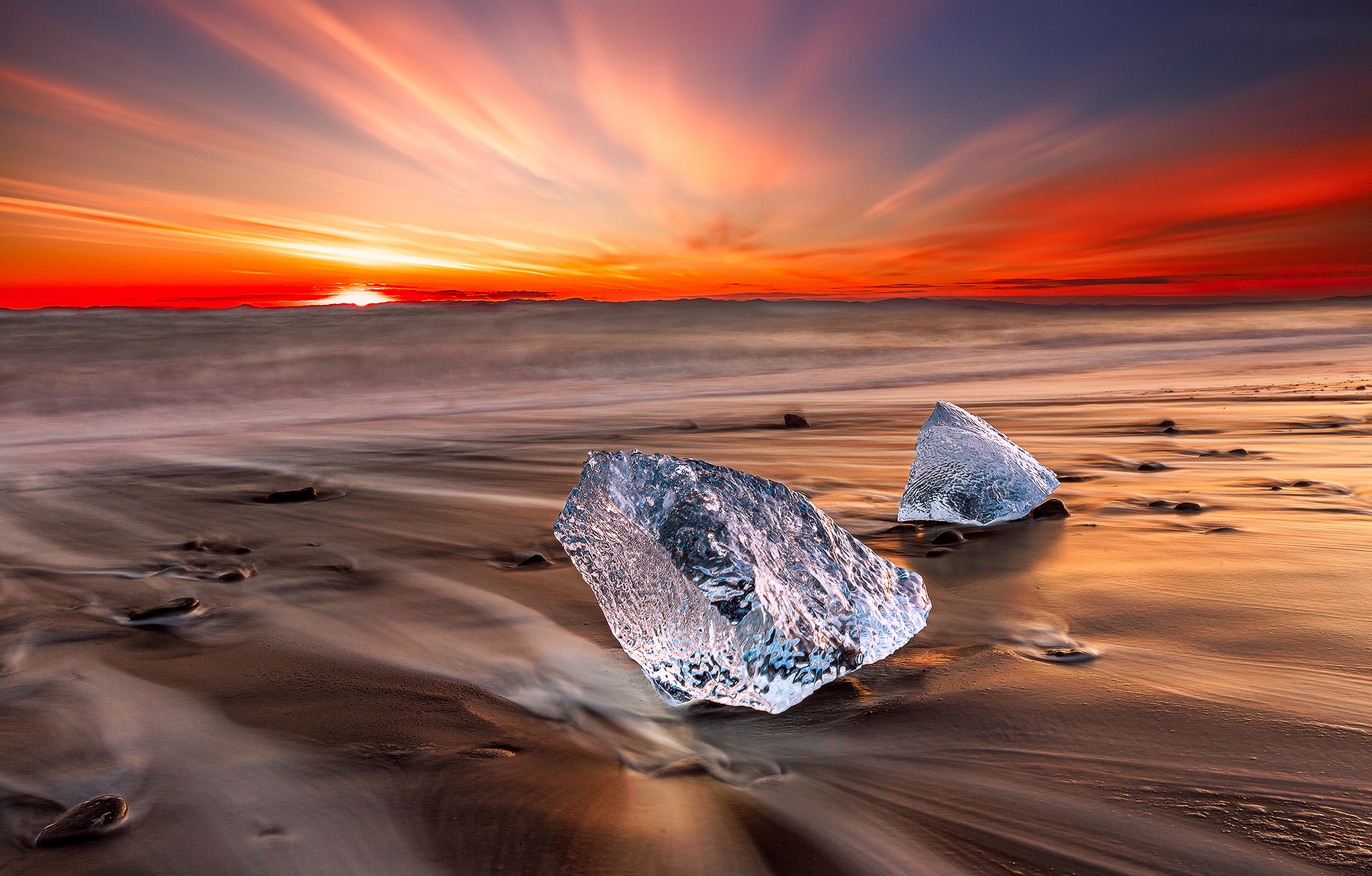 Download mobile wallpaper Nature, Sunset, Sky, Ice, Sand, Horizon, Ocean, Earth for free.