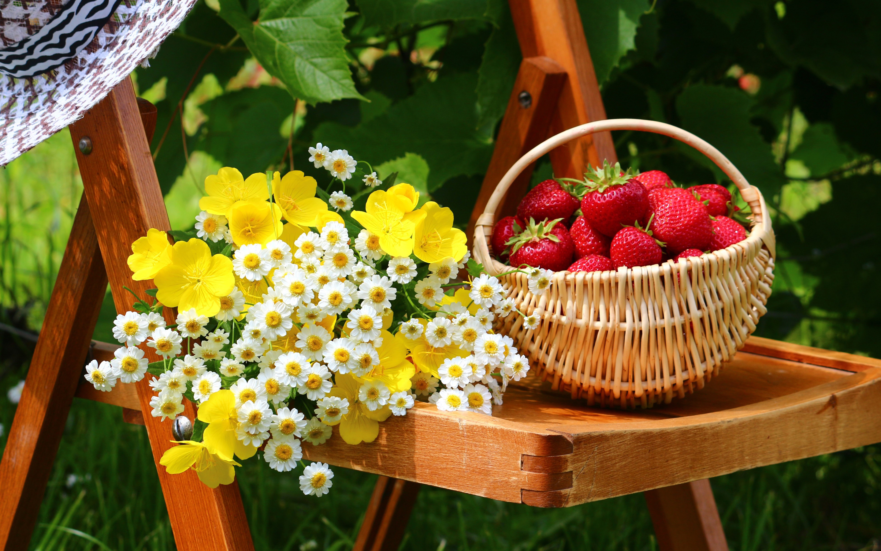 nature, strawberry, food, basket, flower, garden, fruits