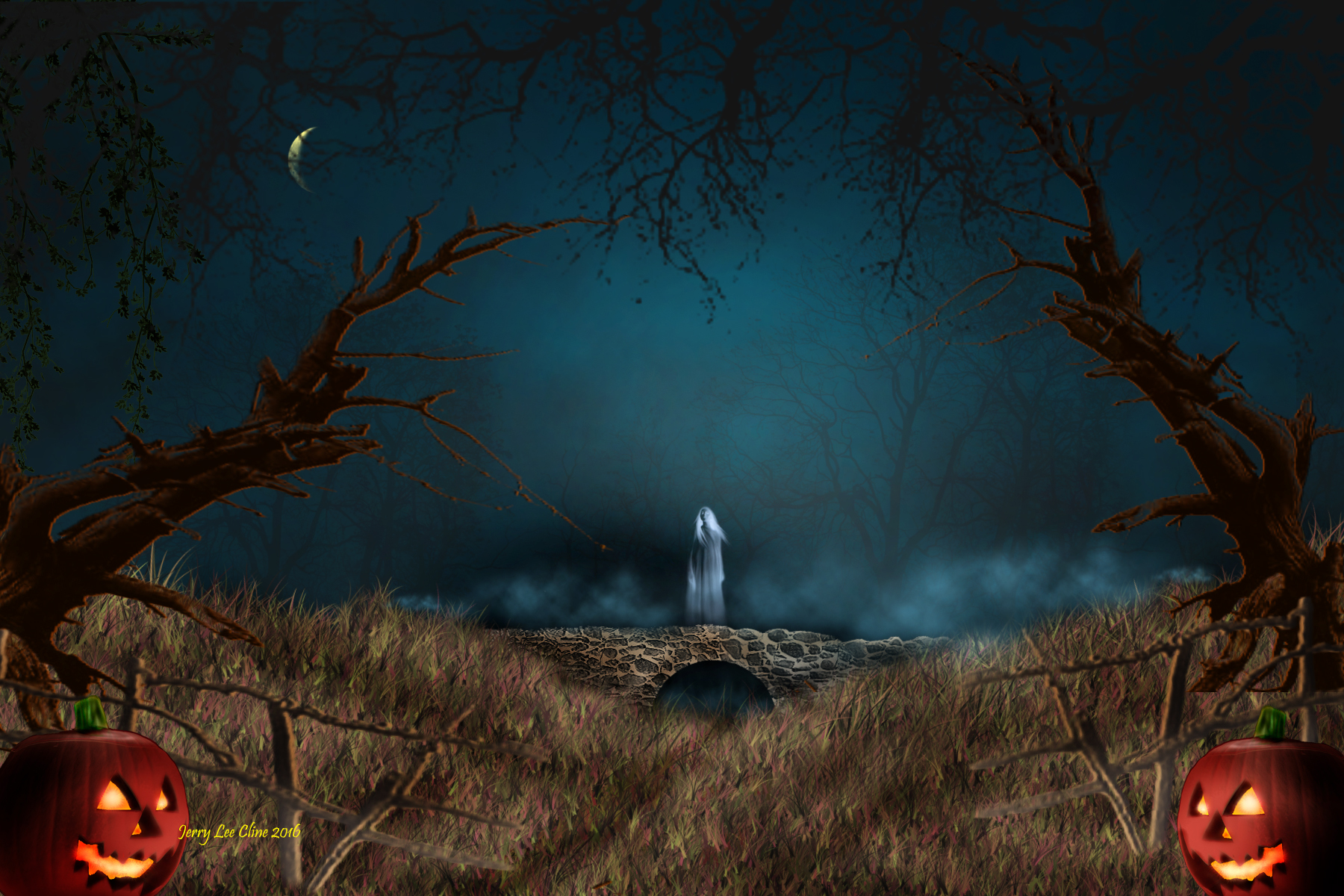Download mobile wallpaper Halloween, Night, Holiday, Bridge, Ghost, Jack O' Lantern for free.