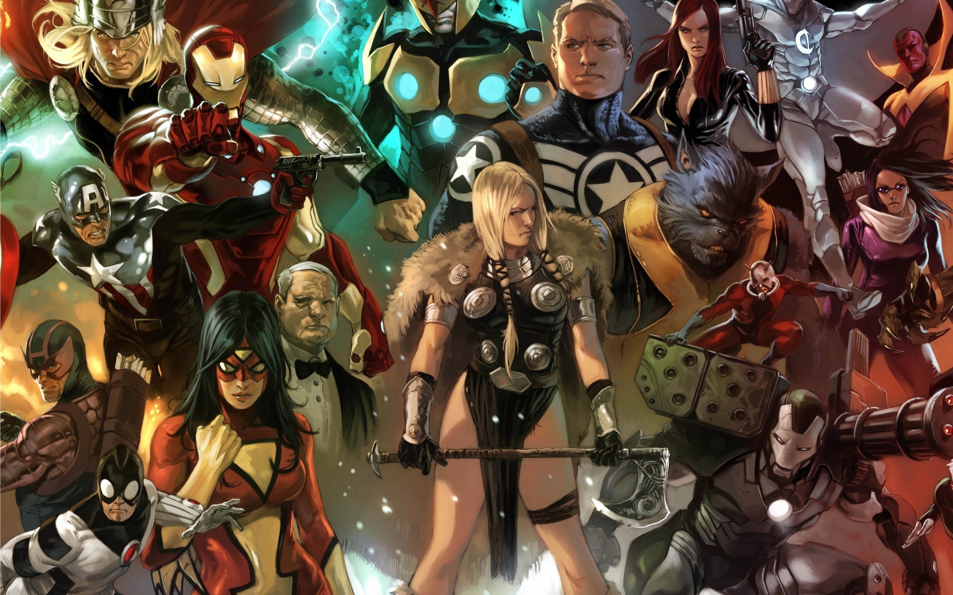 comics, collage, beast (marvel comics), captain america, hawkeye, iron man, nova (marvel comics), spider woman, thor