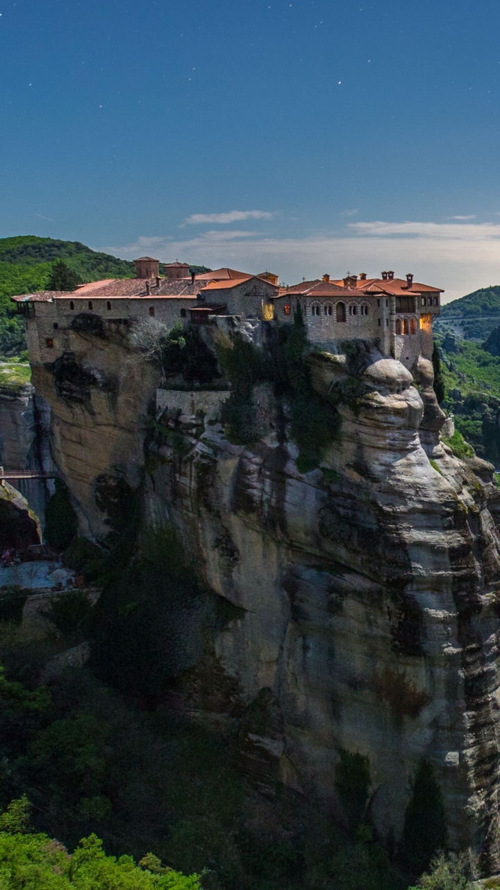 Download mobile wallpaper Mountain, House, Cliff, Meteora, Greece, Monastery, Religious for free.