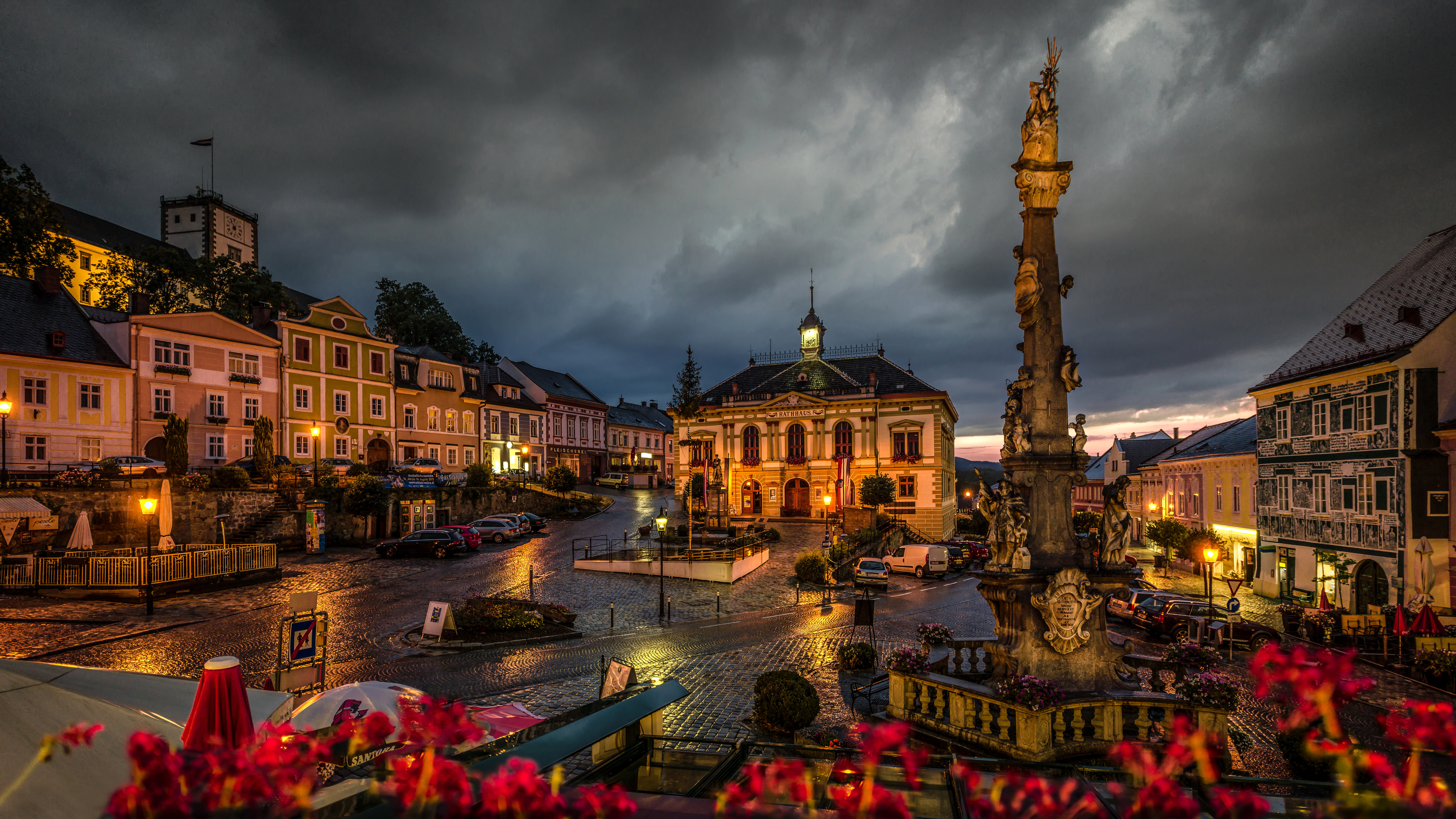 Free download wallpaper Night, Fountain, City, Building, Austria, Square, Town, Man Made, Towns on your PC desktop